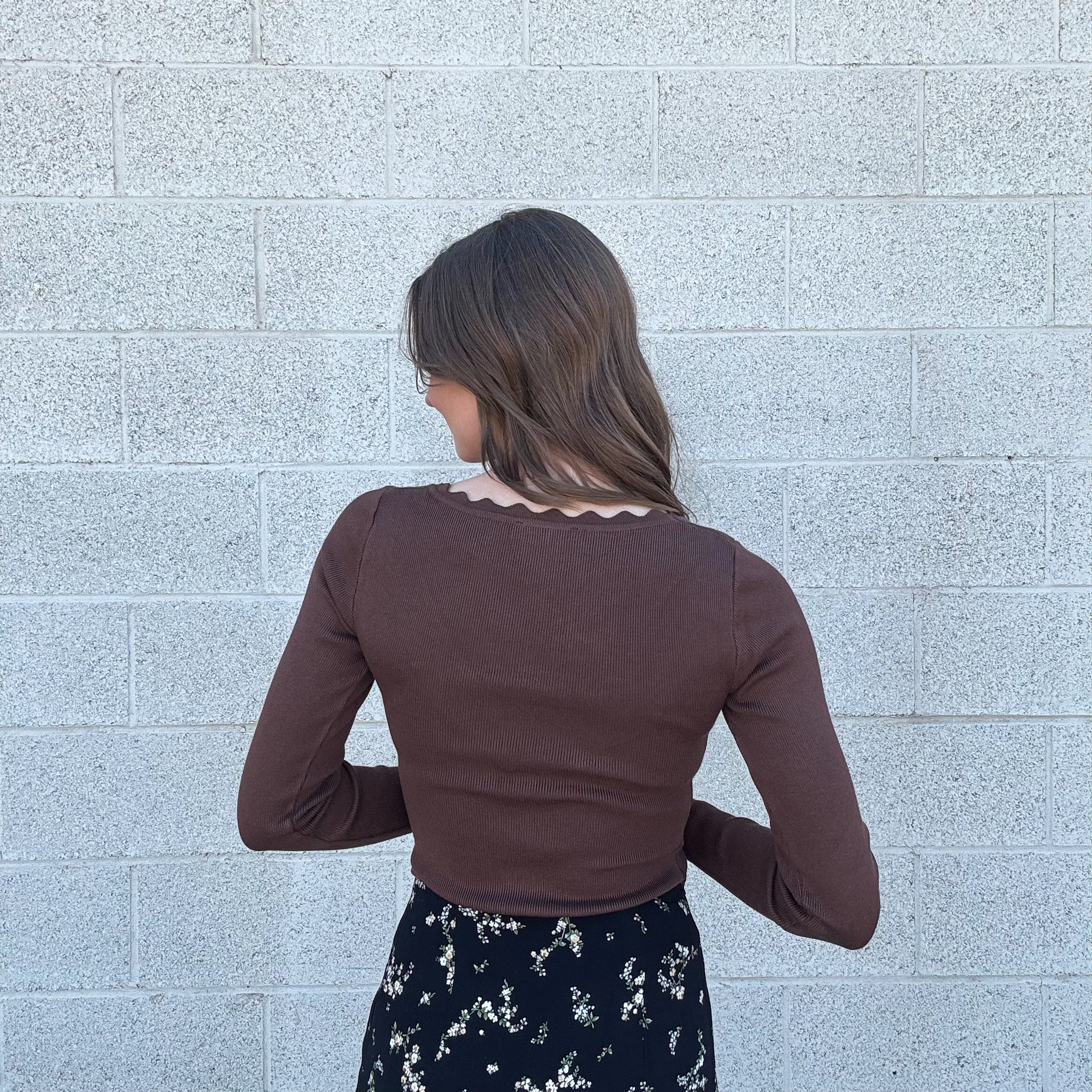 Brown Scalloped Long Sleeve Top