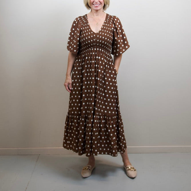 Polka Dot Flutter Sleeve Midi Dress