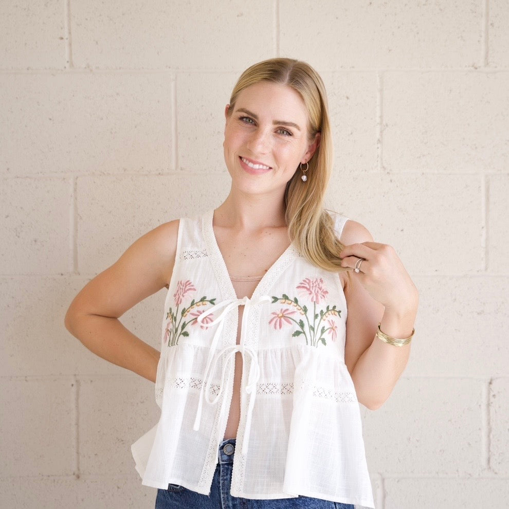 Embroidered Floral Tie-Front Top