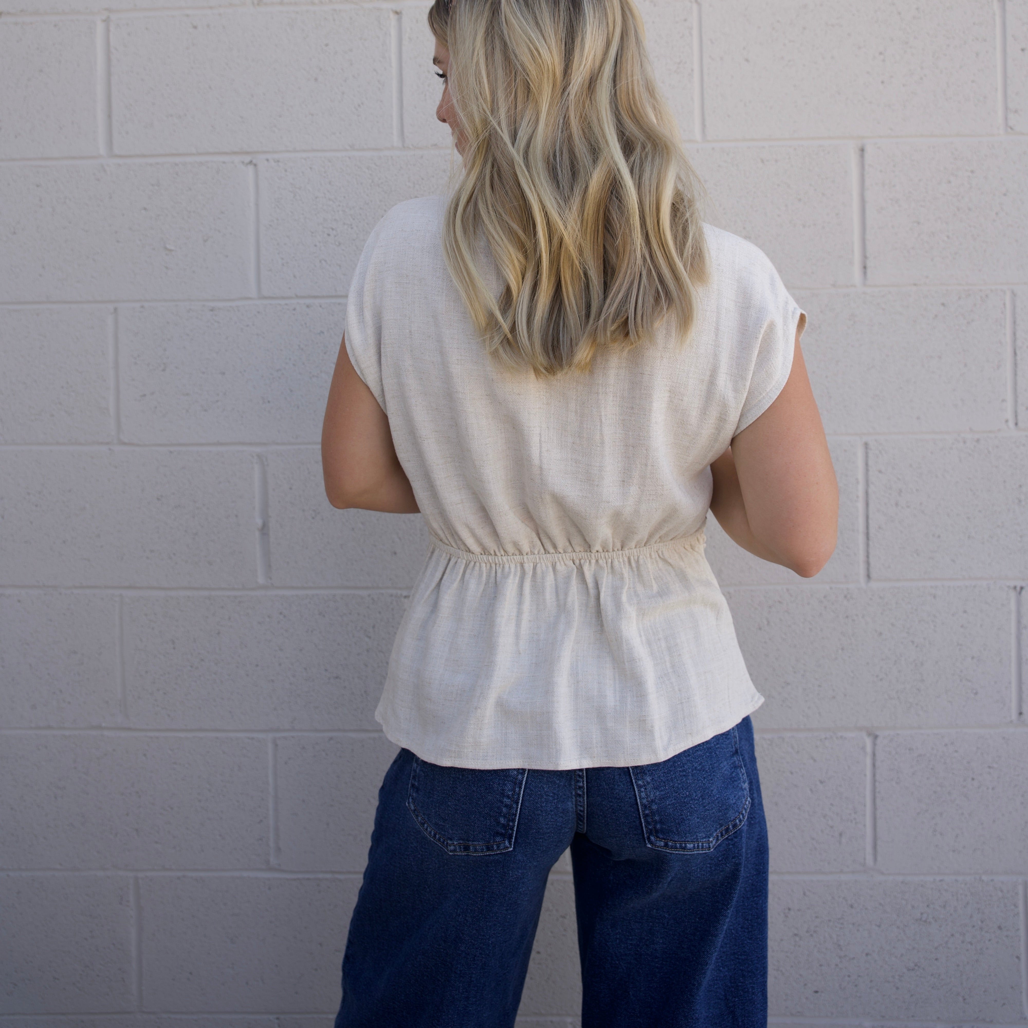 Cream Round Neck Shirring Top