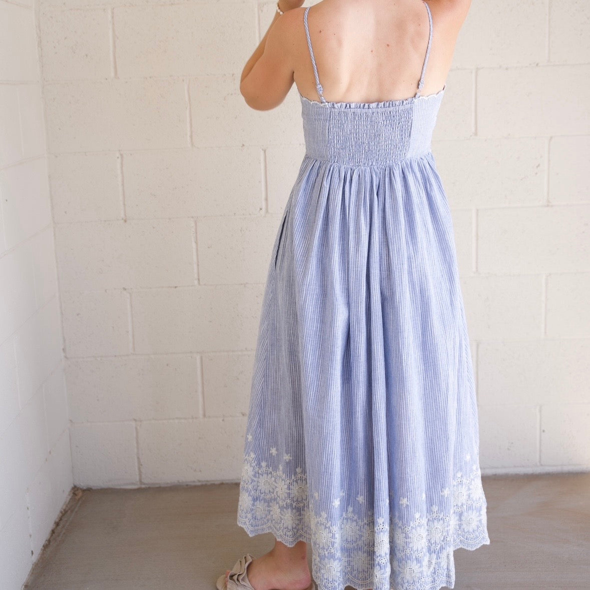 Pinstripe Embroidered Midi Dress