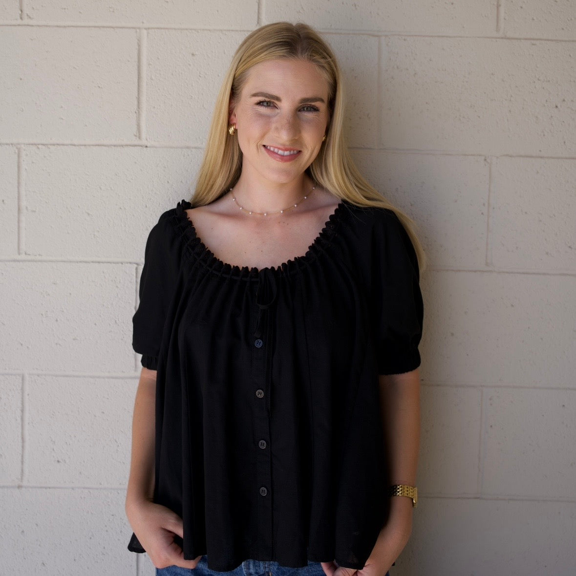 Black Eyelet Trim Neck Puff Sleeve Top