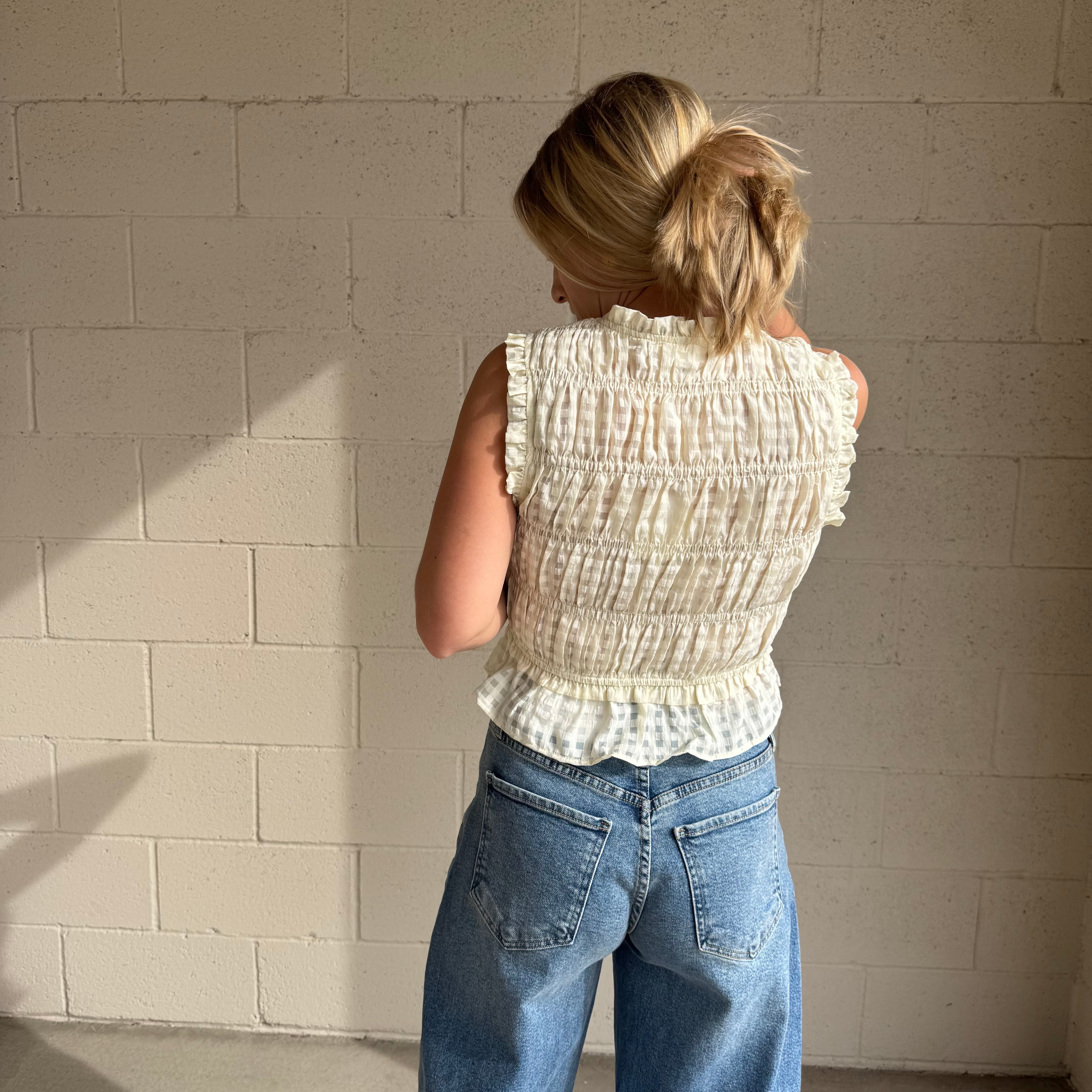 Cream Textured Smocked Blouse