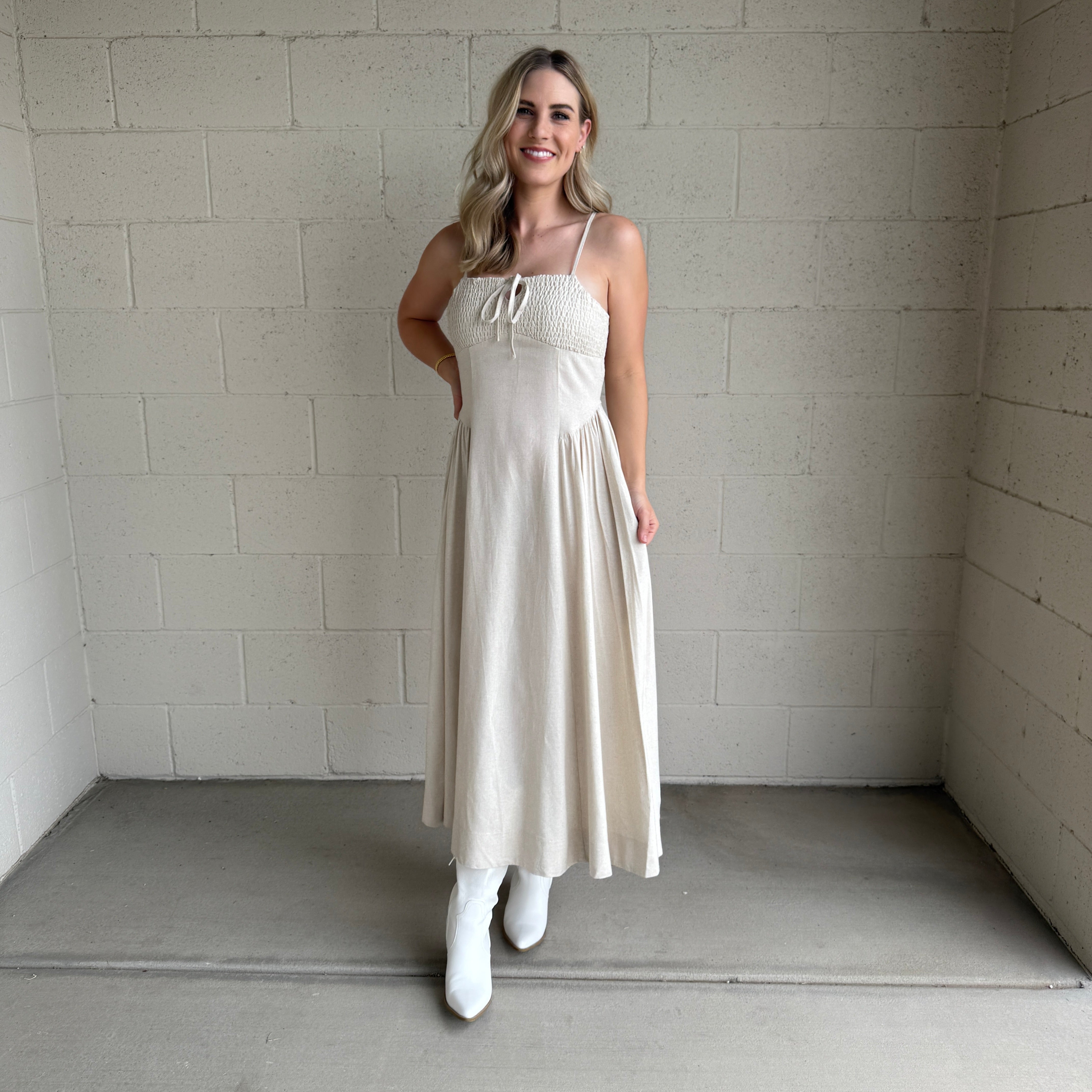 Oatmeal Smocked Linen Dress