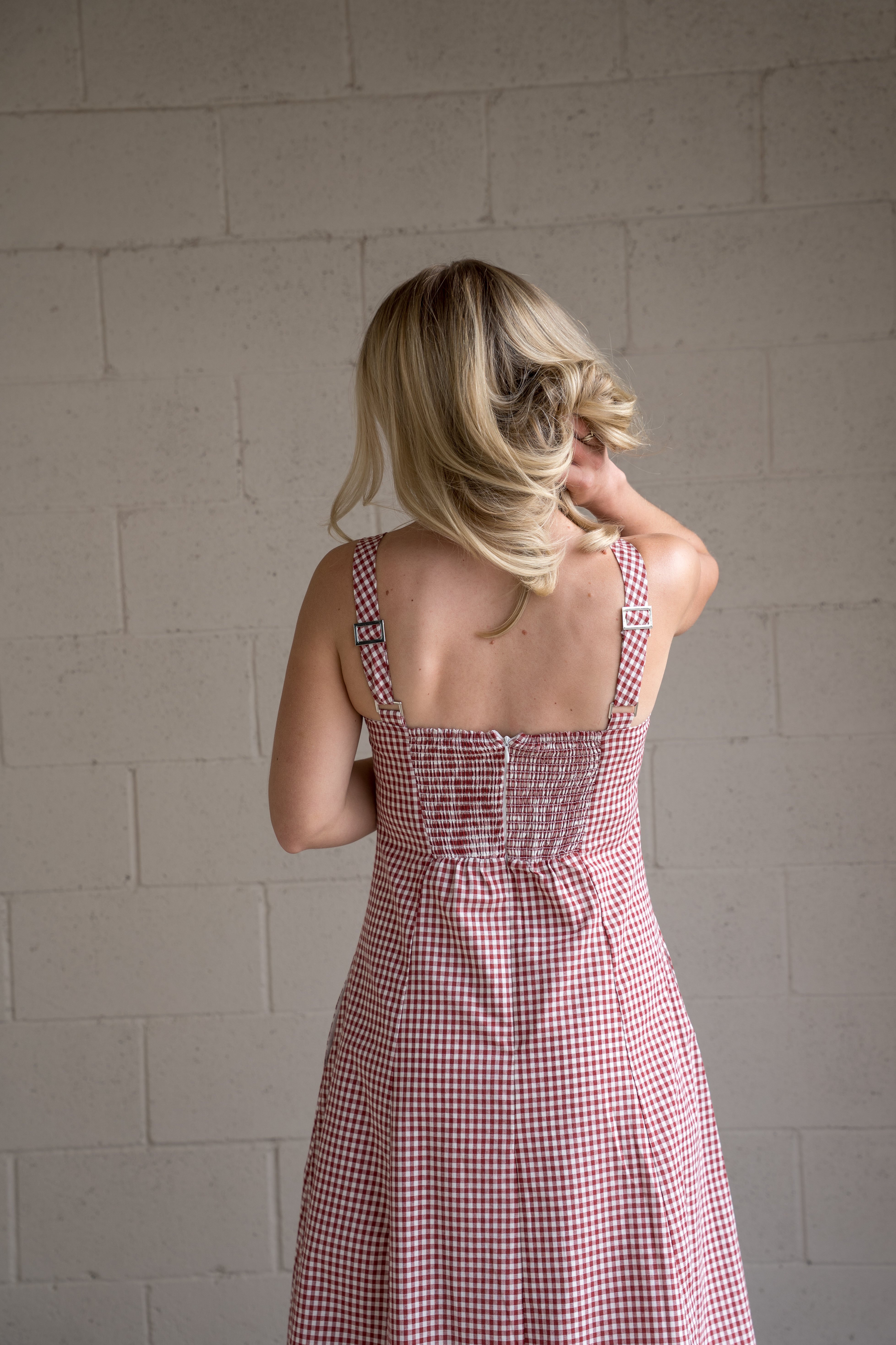 Brick Square Neck Gingham Dress