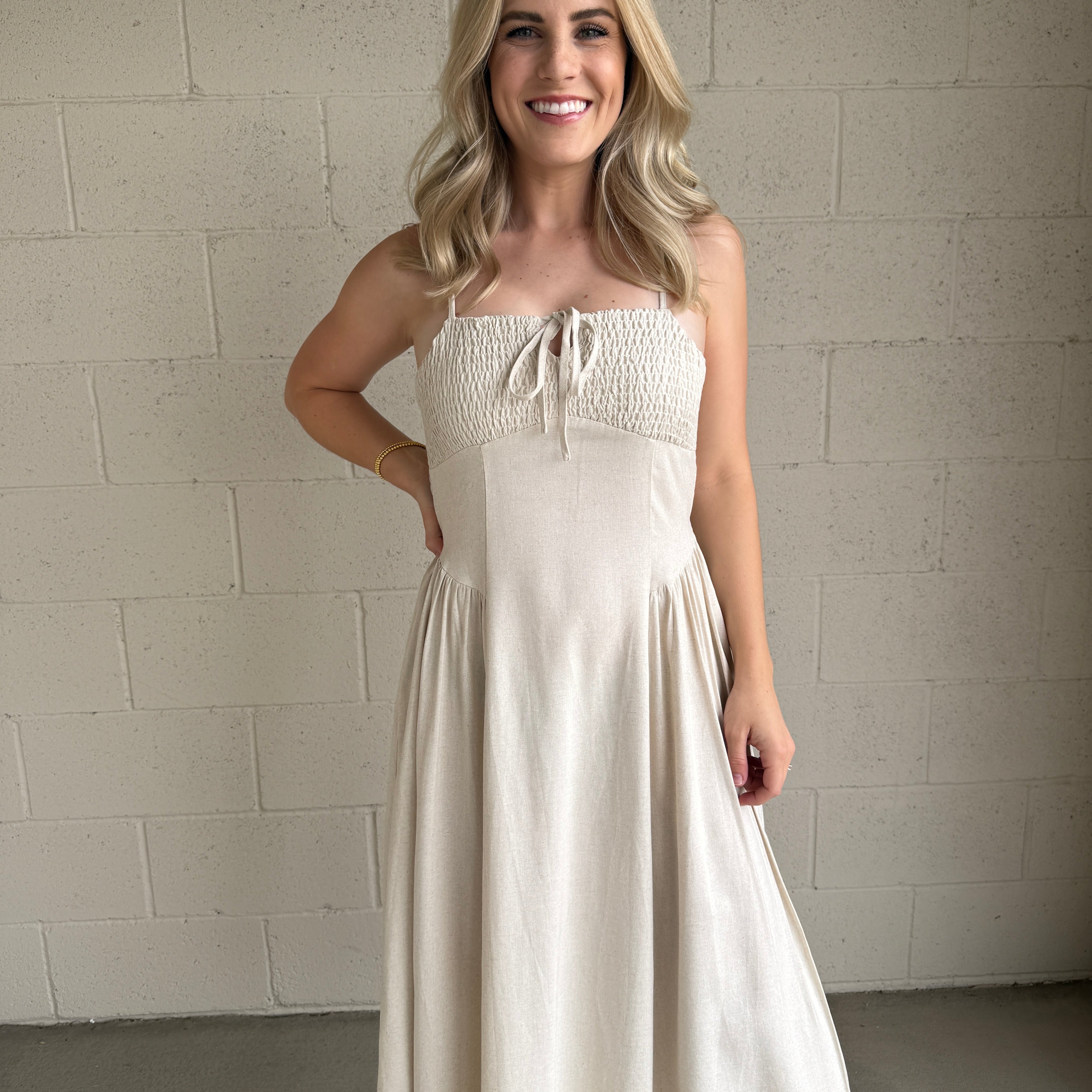 Oatmeal Smocked Linen Dress