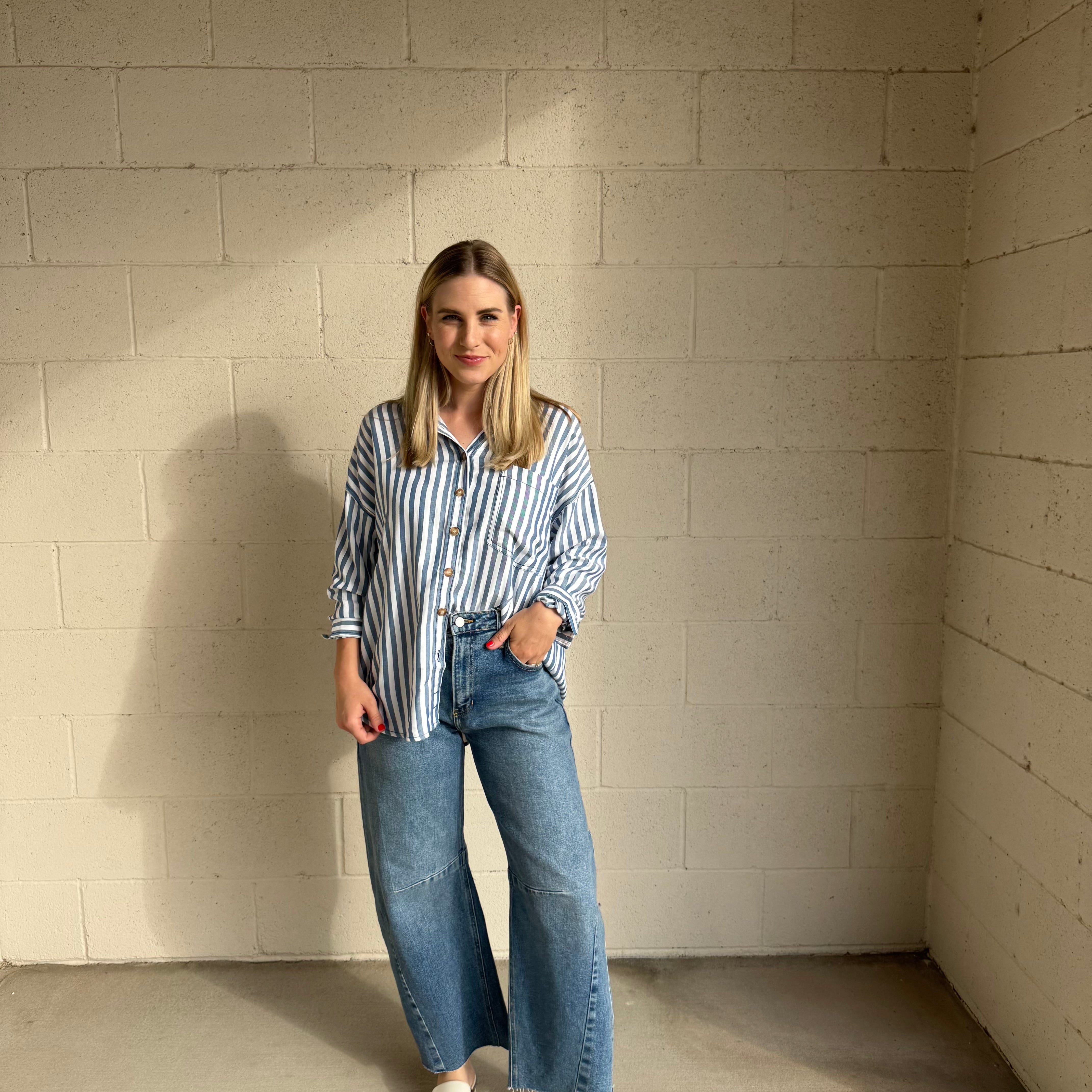 Blue Striped Collared Button-Down Shirt