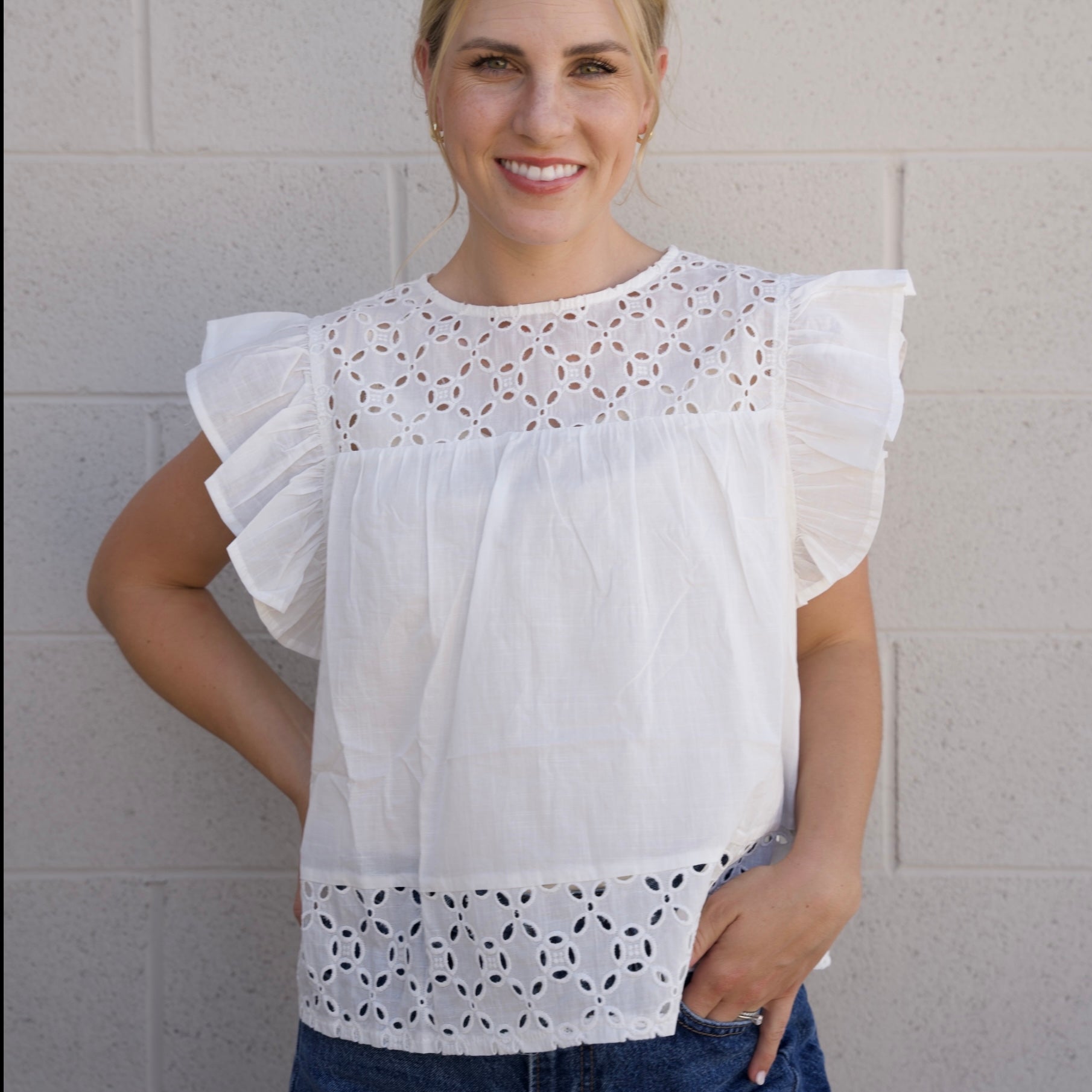 Embroidered Top with Ruffled Sleeves