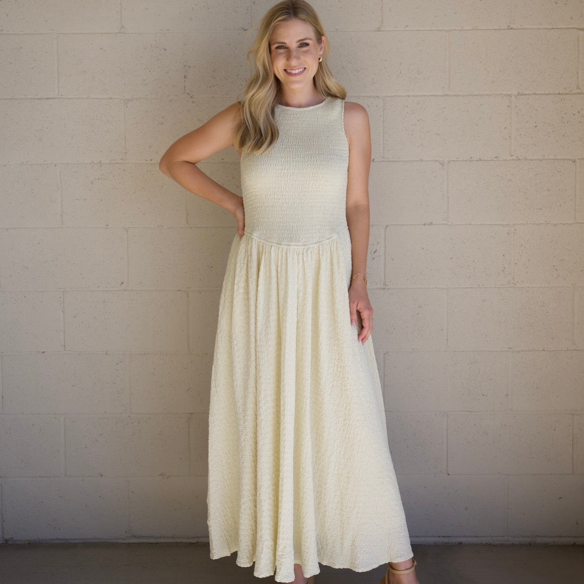 Cream Textured Smocked Maxi Dress