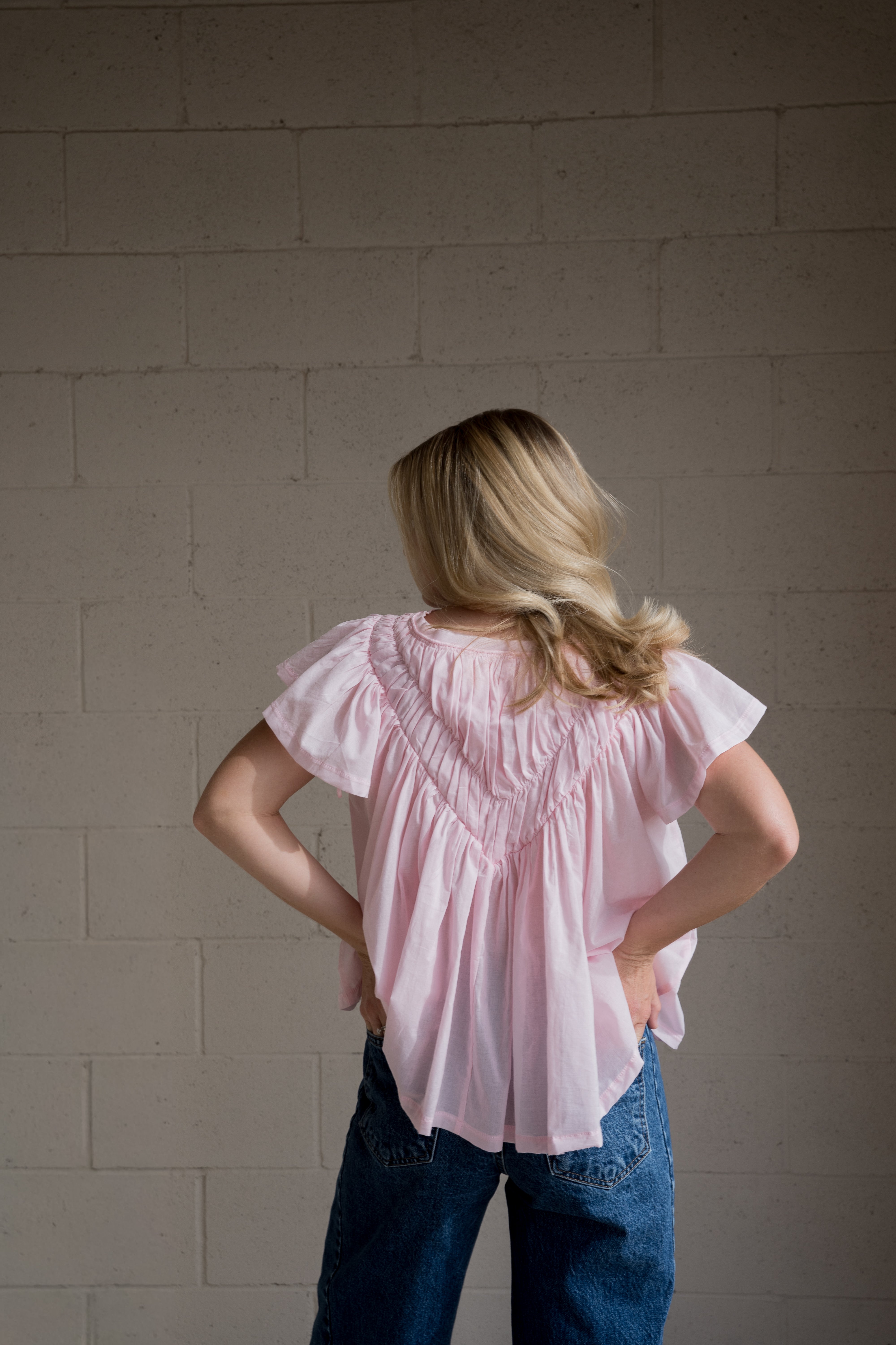 Pink Flutter Sleeve Gathered Blouse