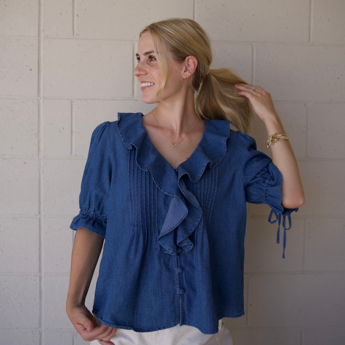 Denim Pleated Ruffle Blouse