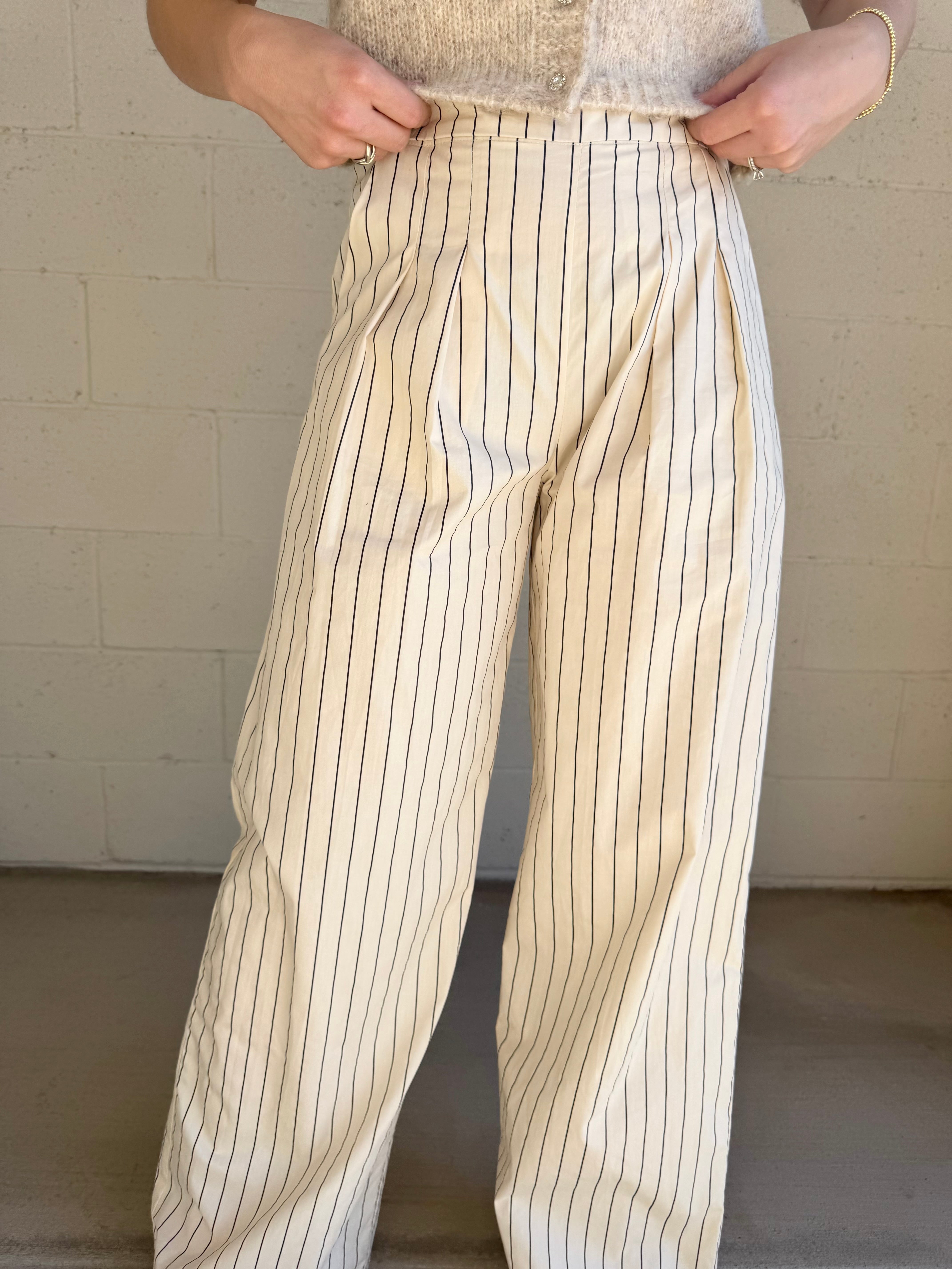 Beige High-Waisted Striped Pants