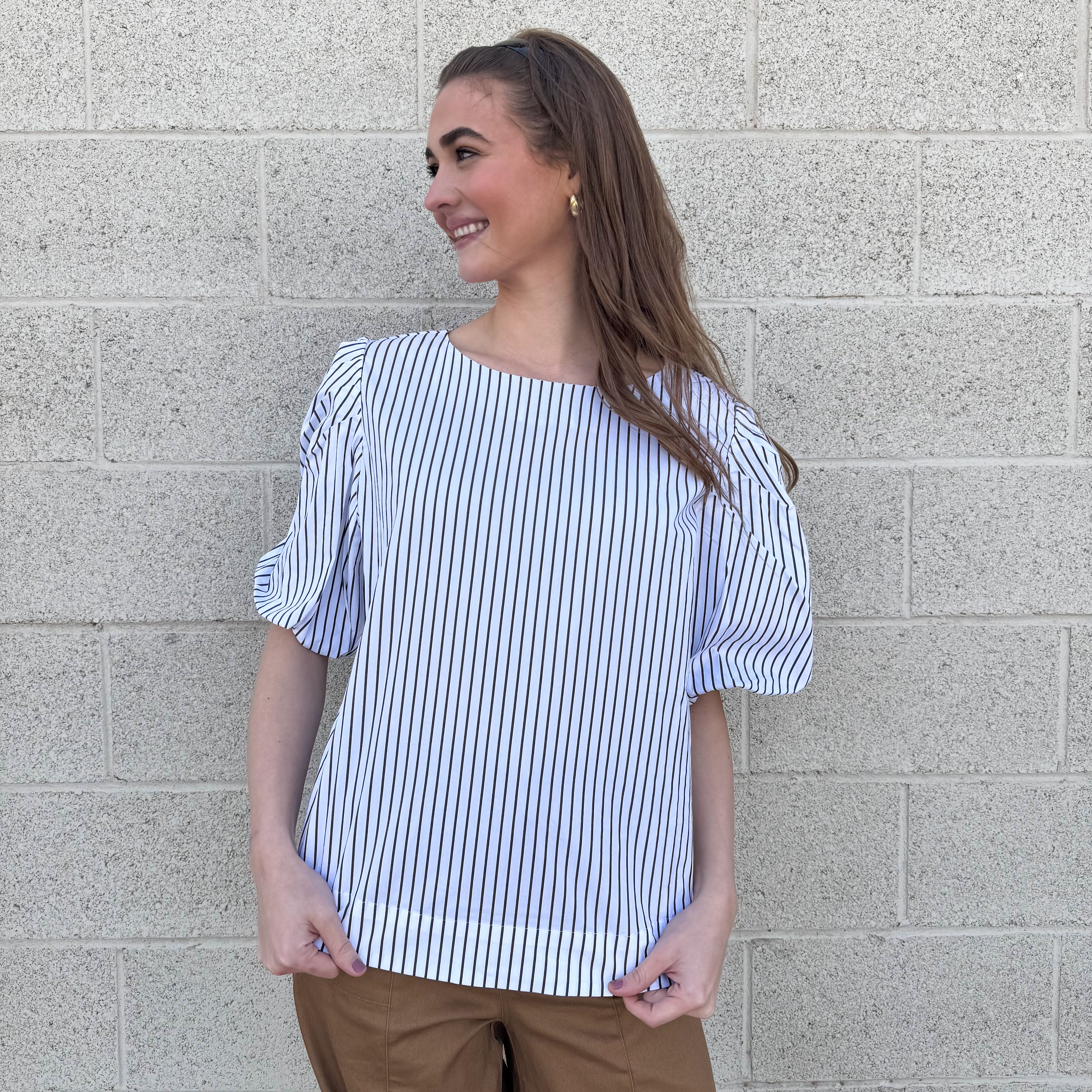 White Striped Top W/ Puff Sleeves