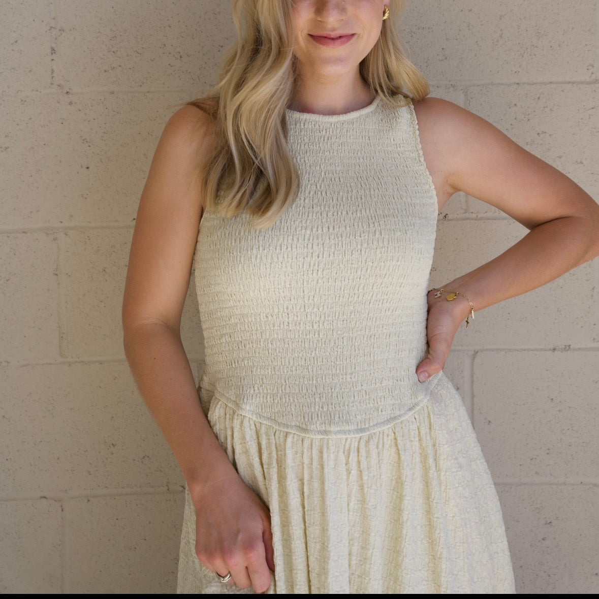 Cream Textured Smocked Maxi Dress