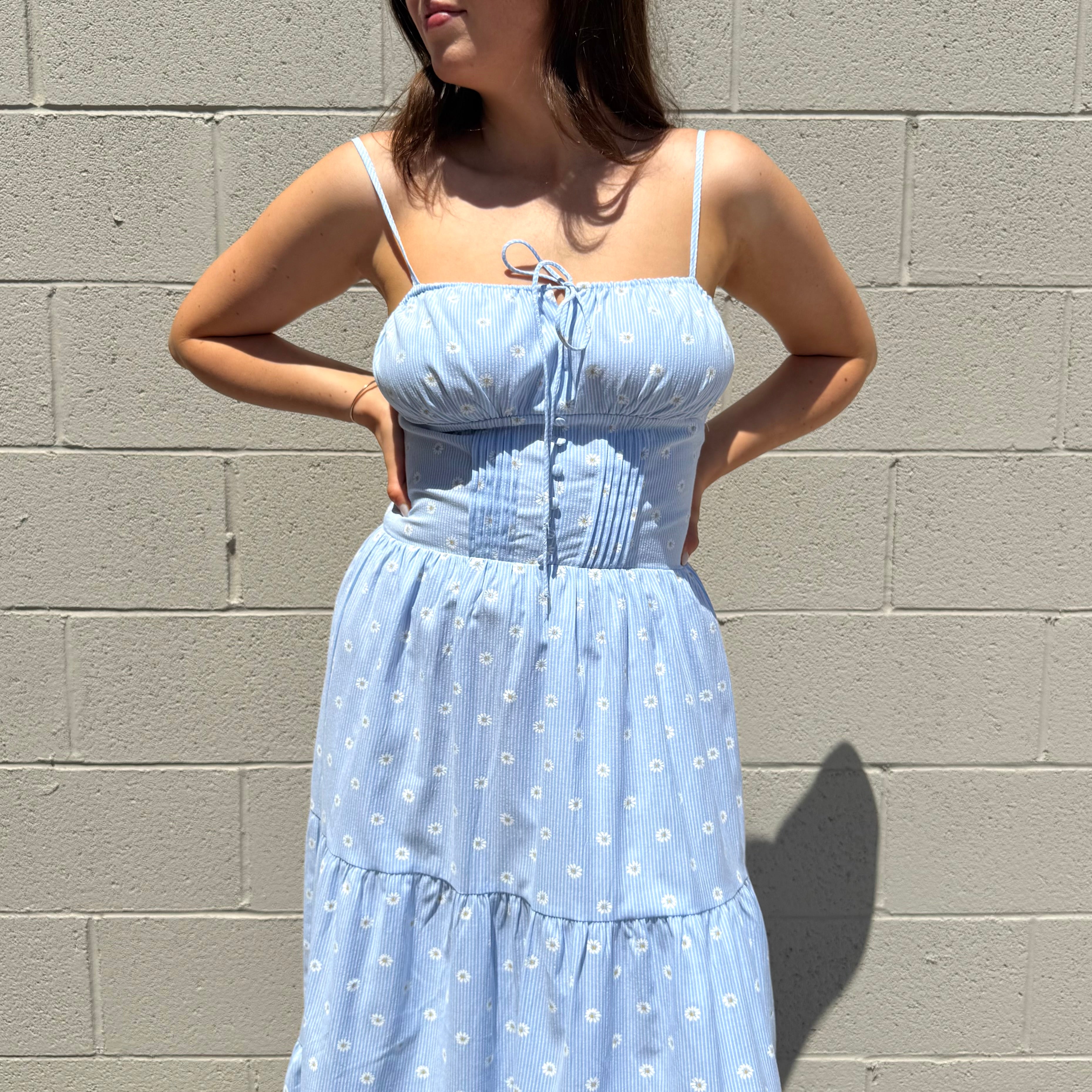 Blue Daisy Print Midi Dress