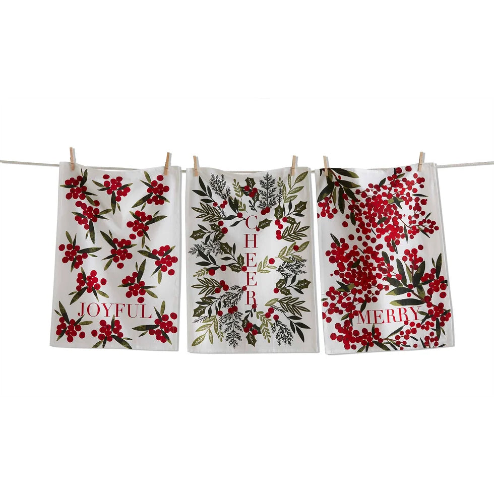 Merry, Cheer & Joyful Sprig Christmas Dishtowel