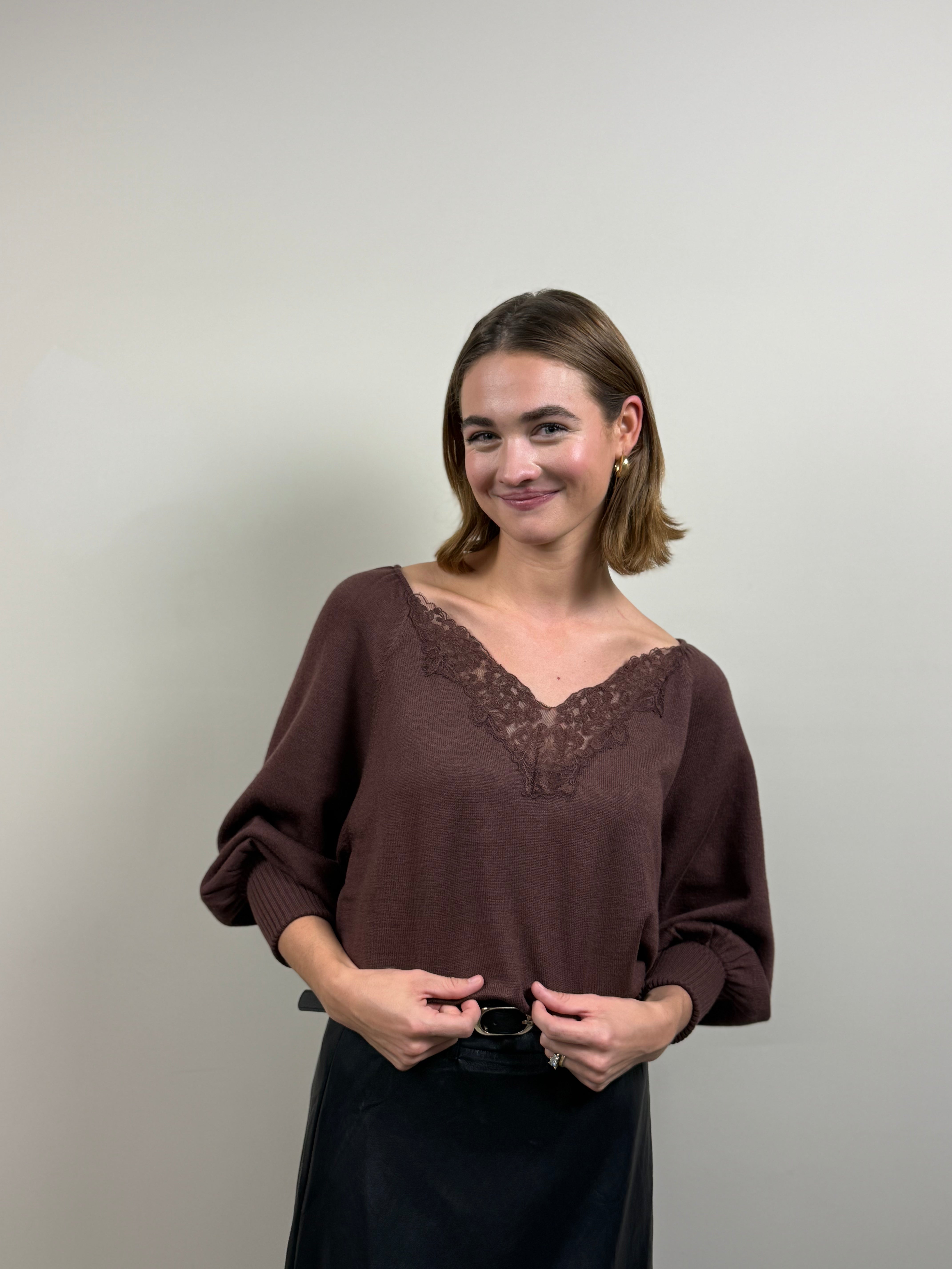 Lace-Trimmed V-Neck Sweater