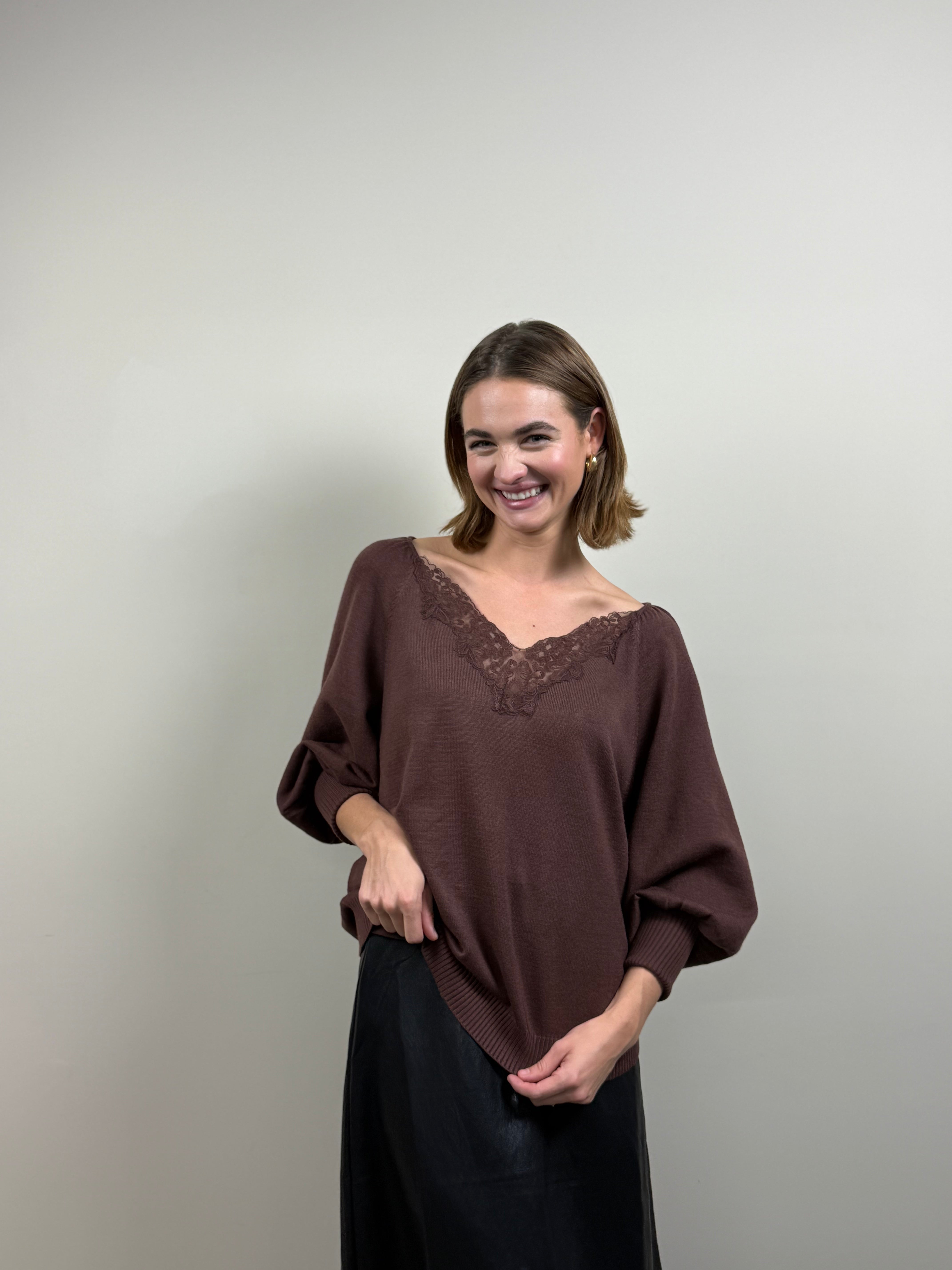 Lace-Trimmed V-Neck Sweater