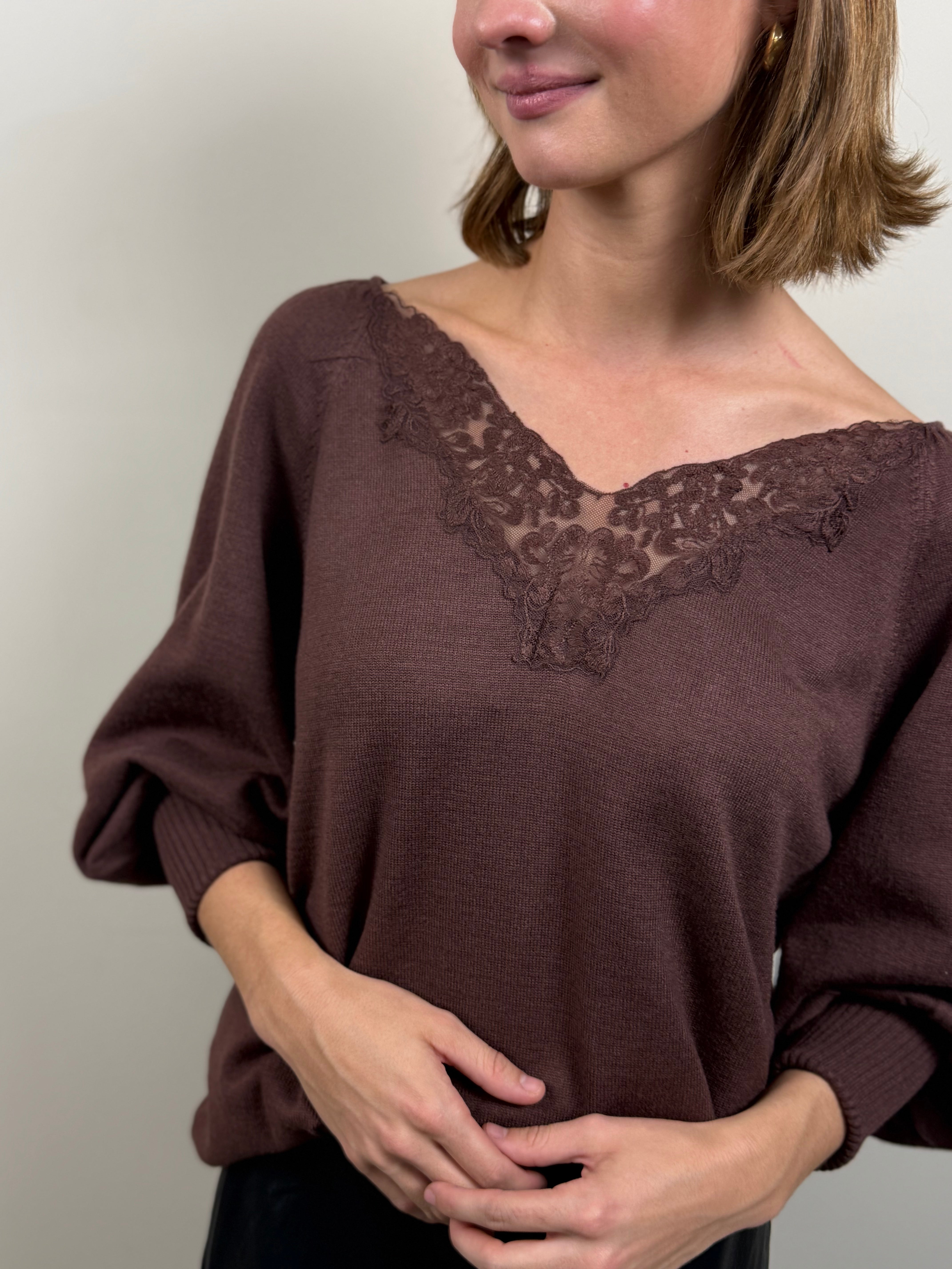 Lace-Trimmed V-Neck Sweater