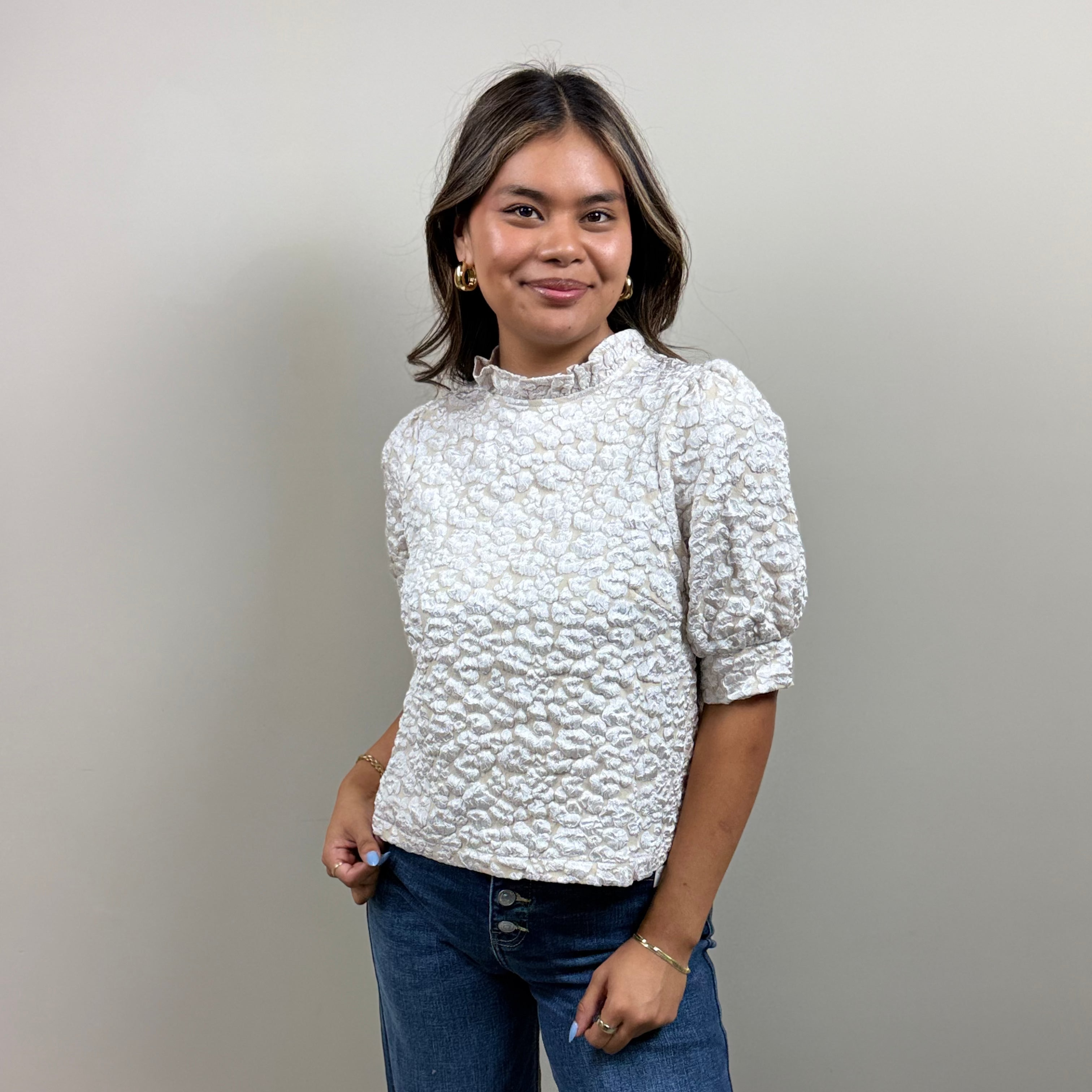 Animal Textured Ruffle Mock Neck Top