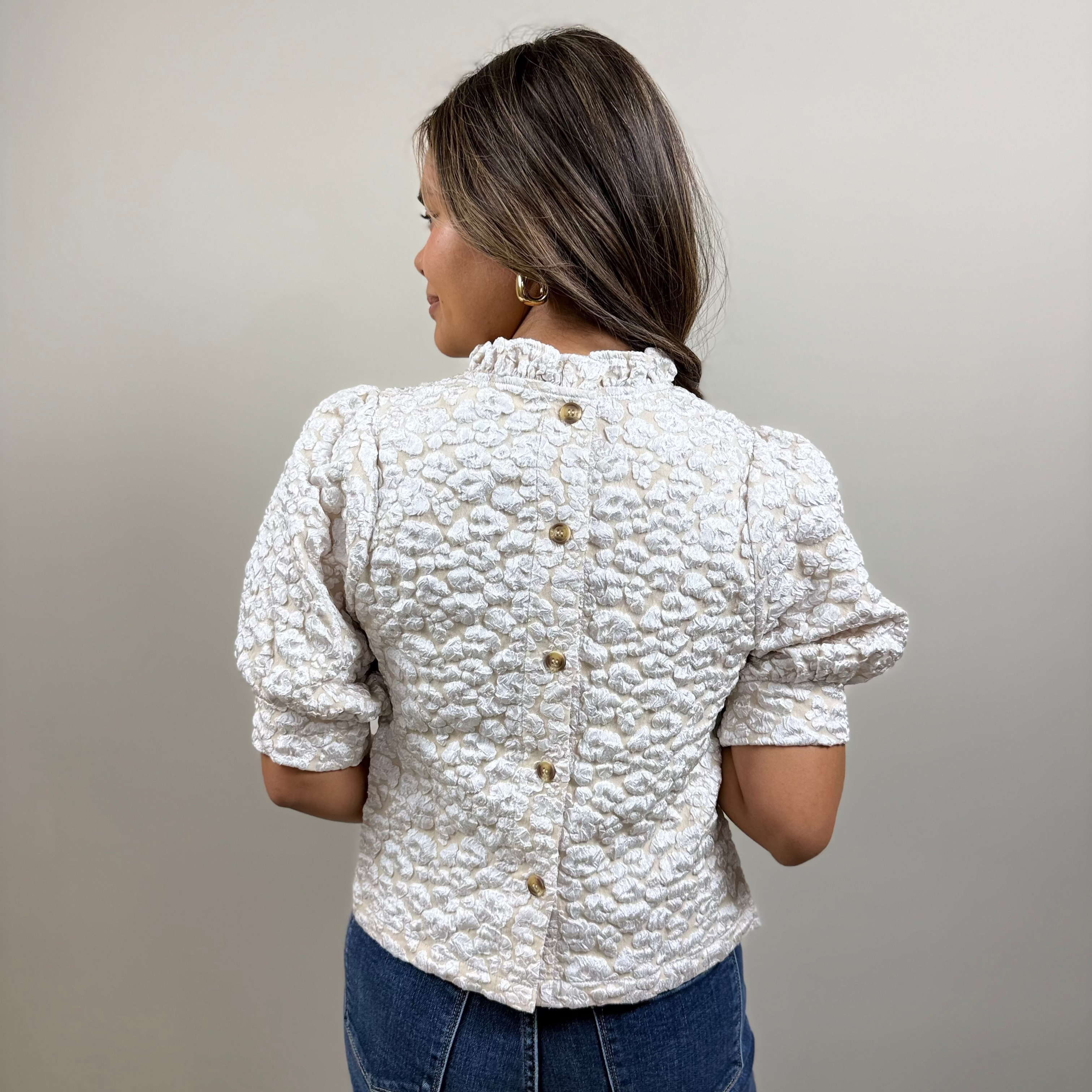 Animal Textured Ruffle Mock Neck Top