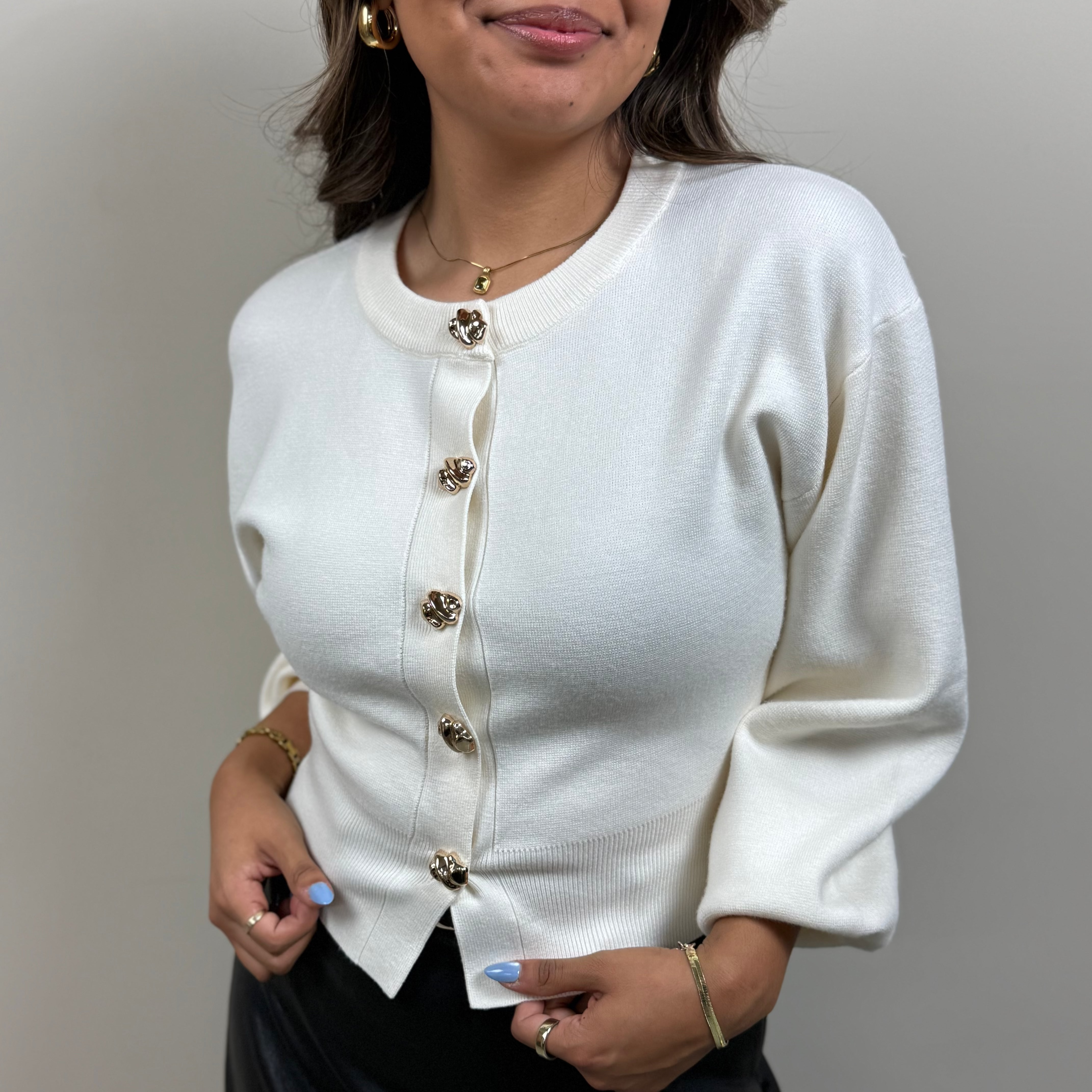 Ivory Knit Gold Button Cardigan