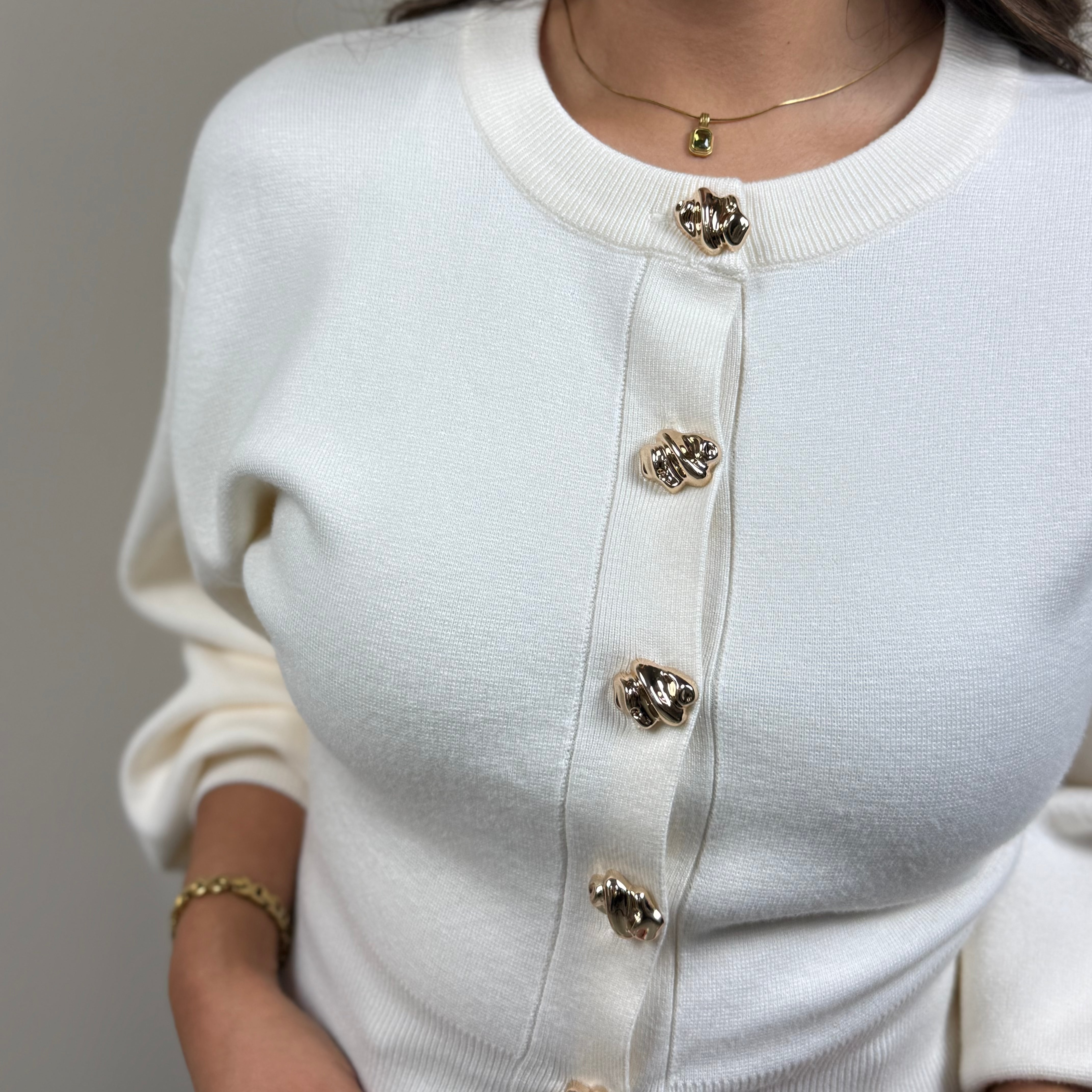 Ivory Knit Gold Button Cardigan