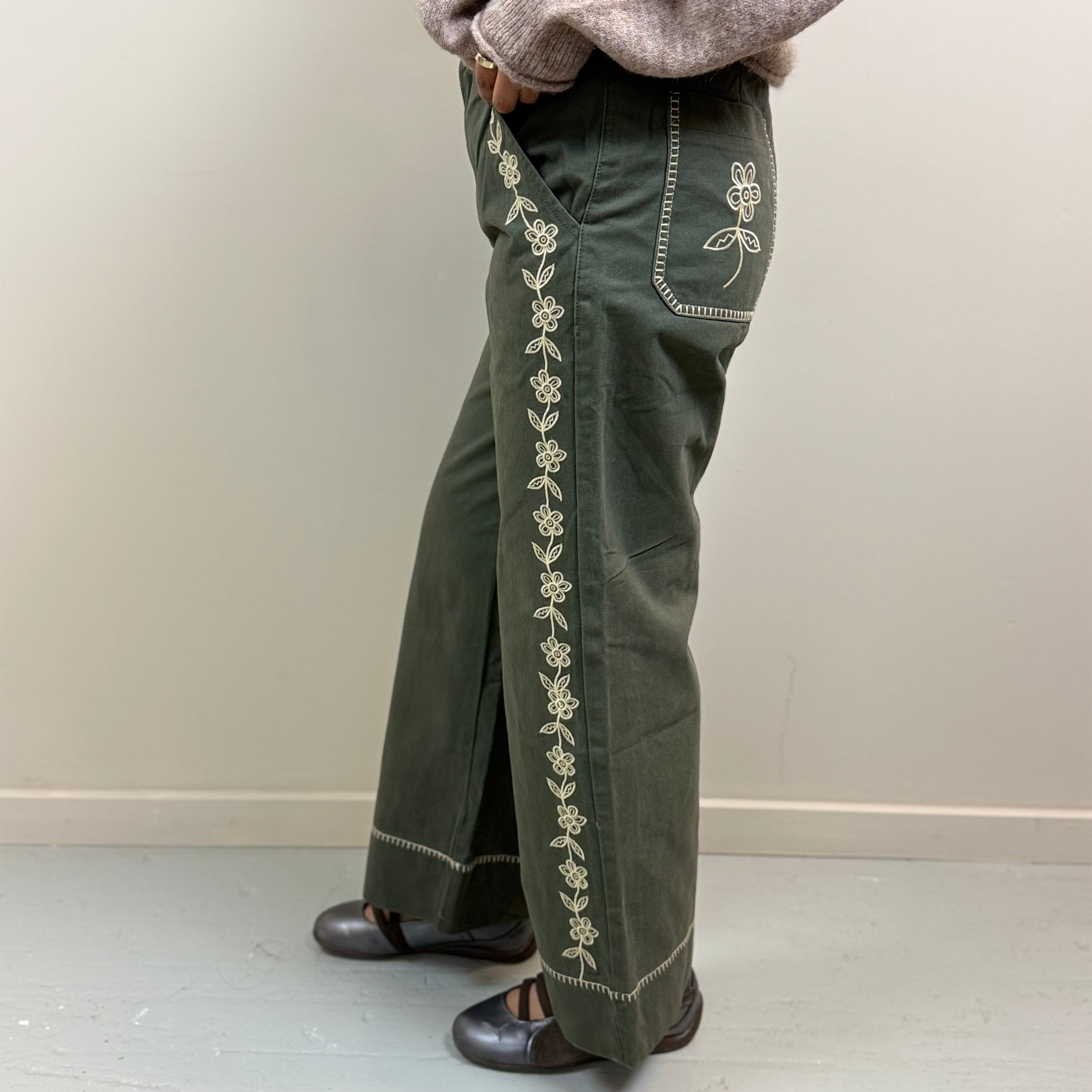 Floral Embroidered Cropped Wide-Leg Pants