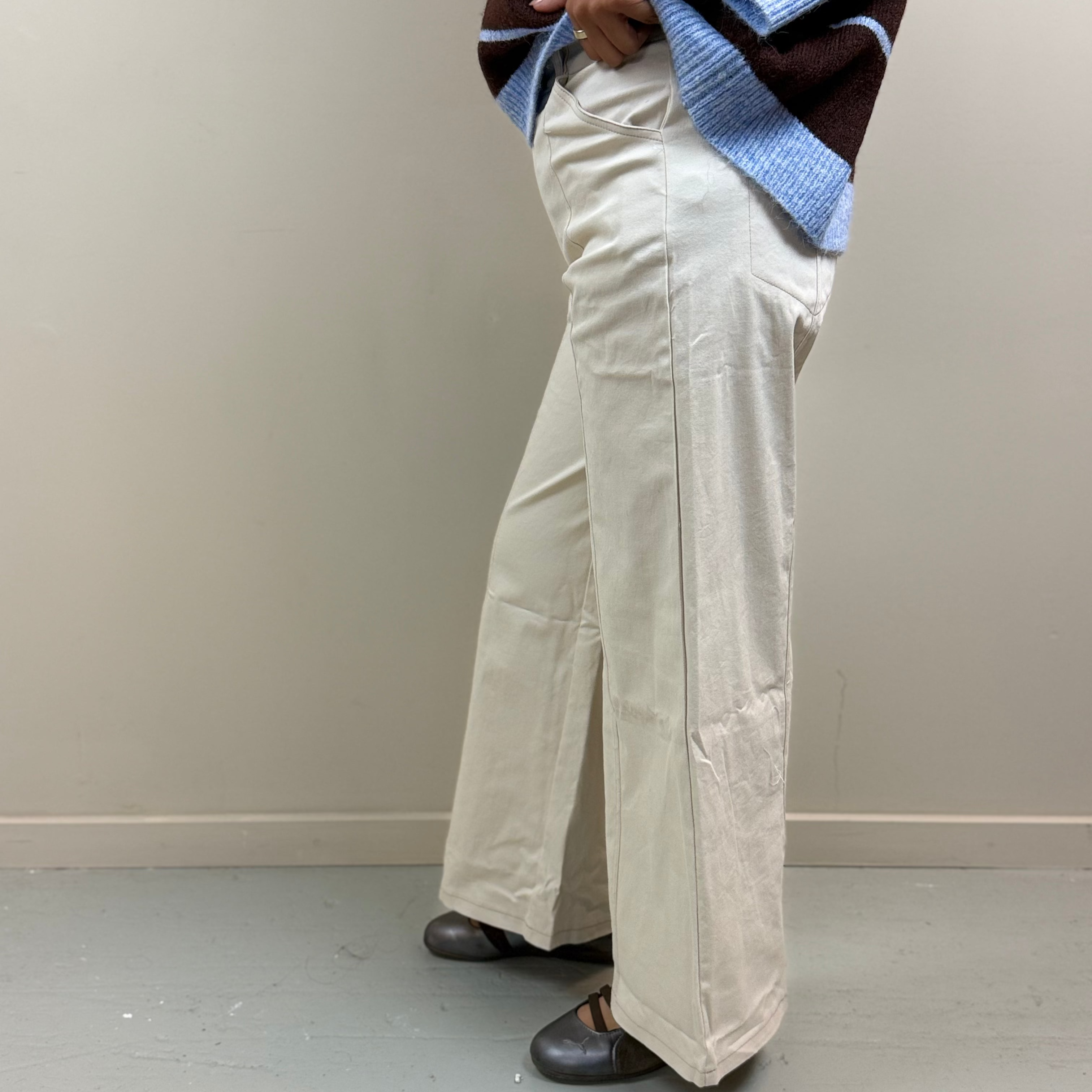 Cream High Rise Stitch Seamed Wide Leg Pants