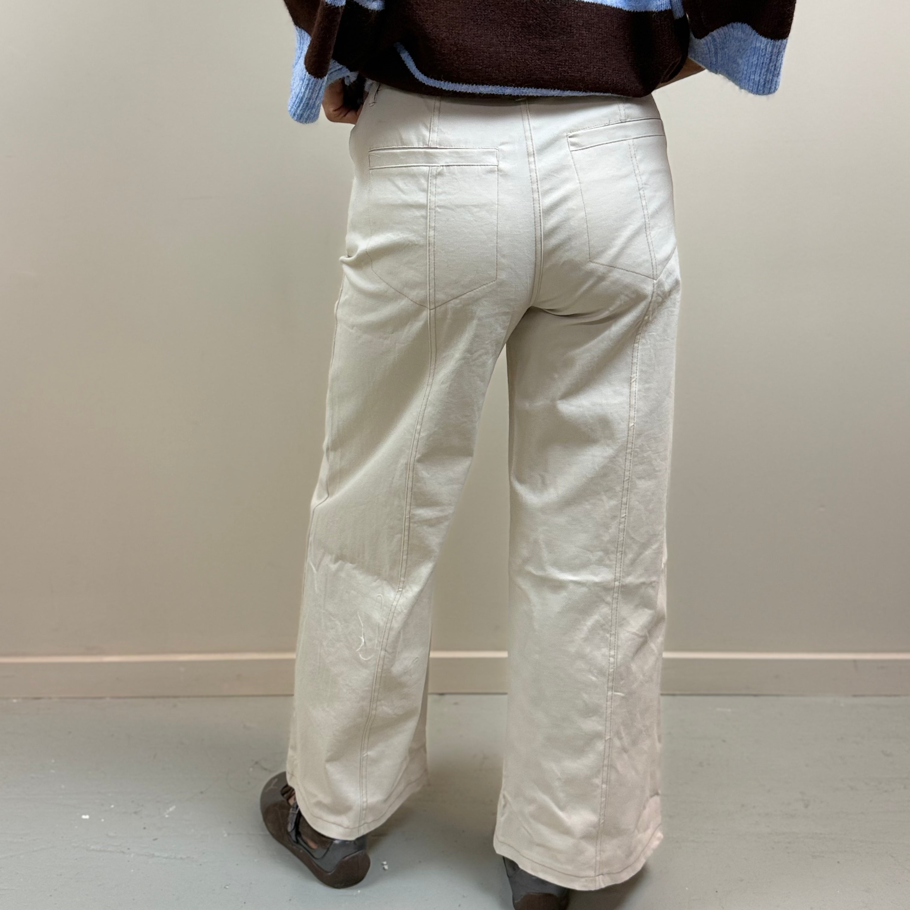 Cream High Rise Stitch Seamed Wide Leg Pants