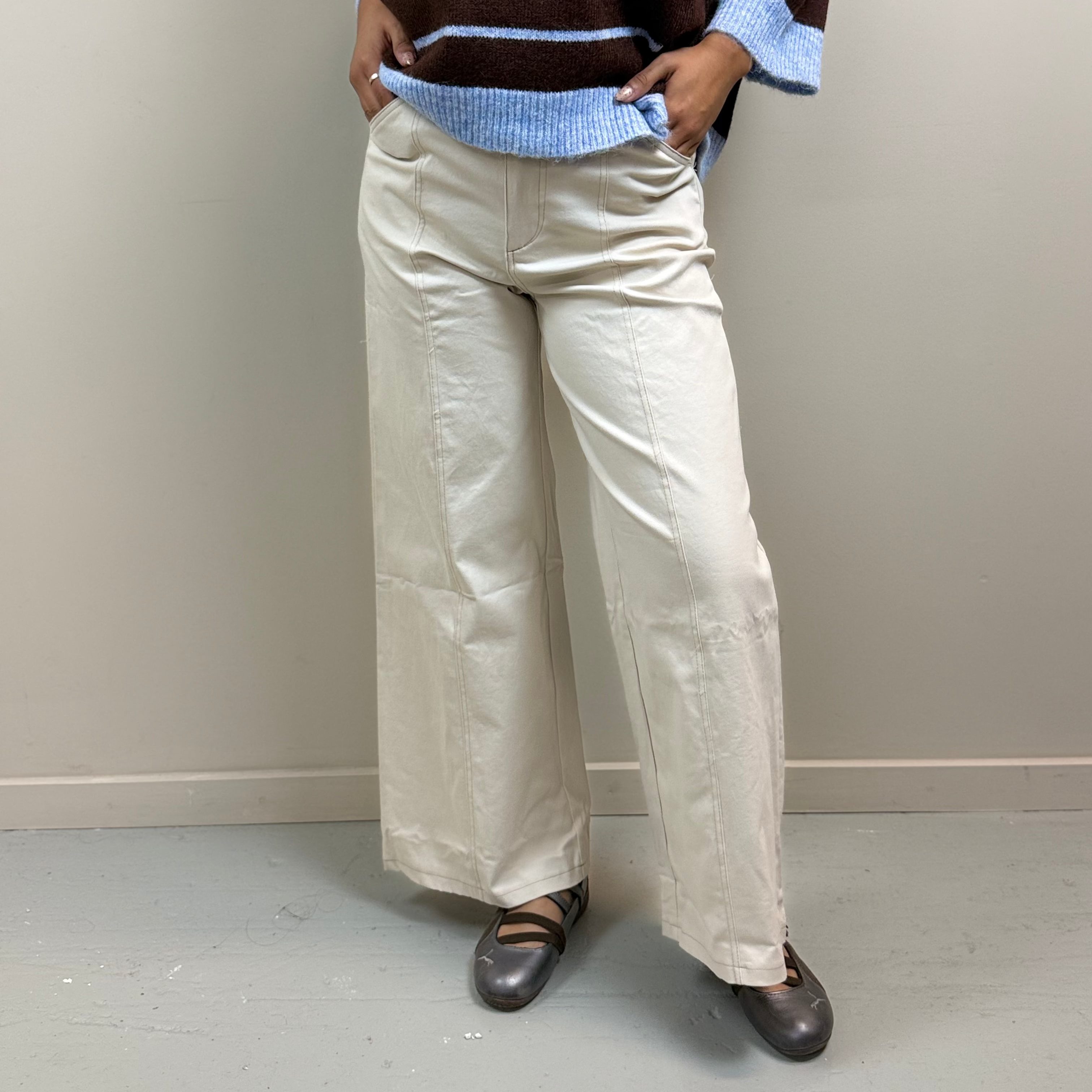 Cream High Rise Stitch Seamed Wide Leg Pants