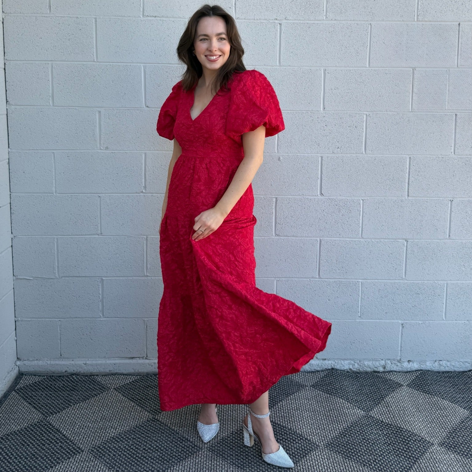 Red Jacquard Maxi Tiered Dress