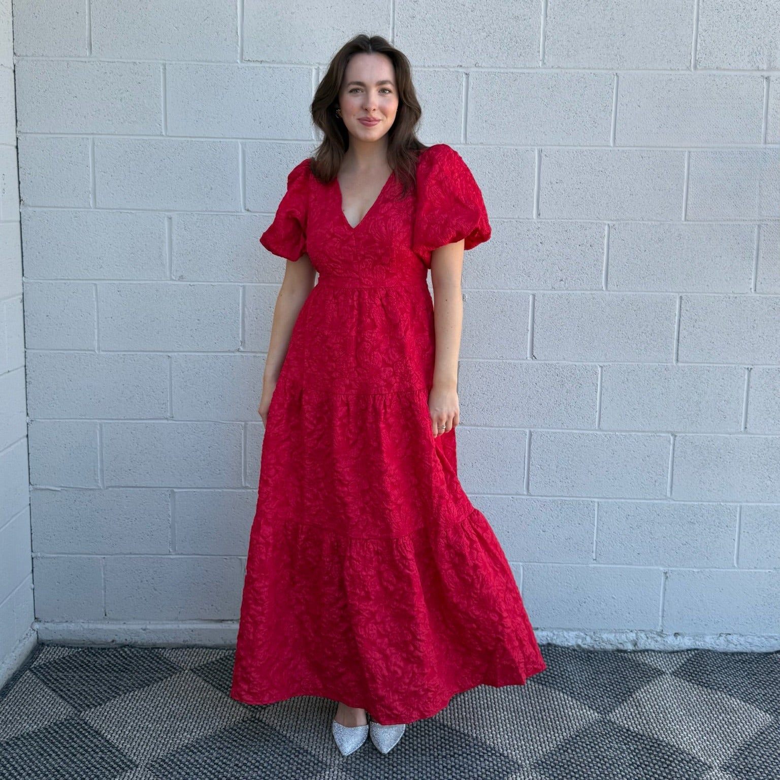 Red Jacquard Maxi Tiered Dress