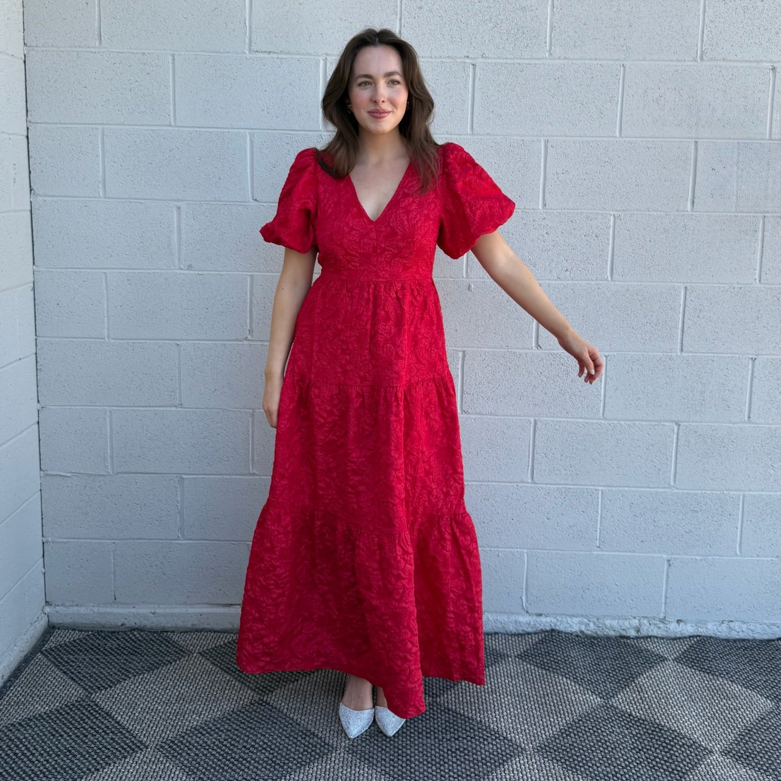 Red Jacquard Maxi Tiered Dress