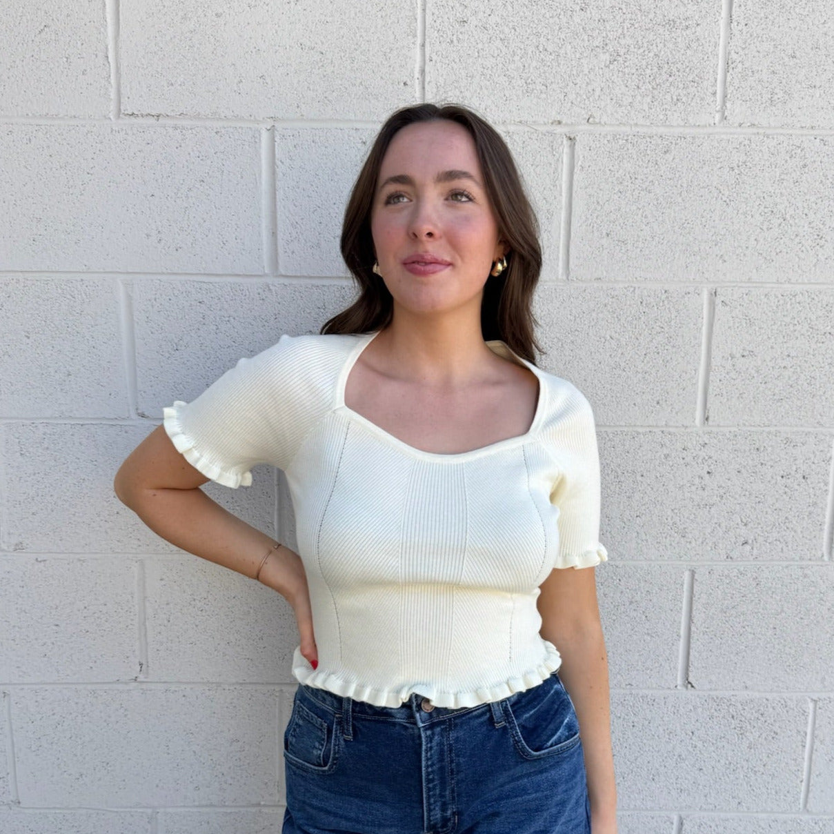 Cream Square Neck Knit Top