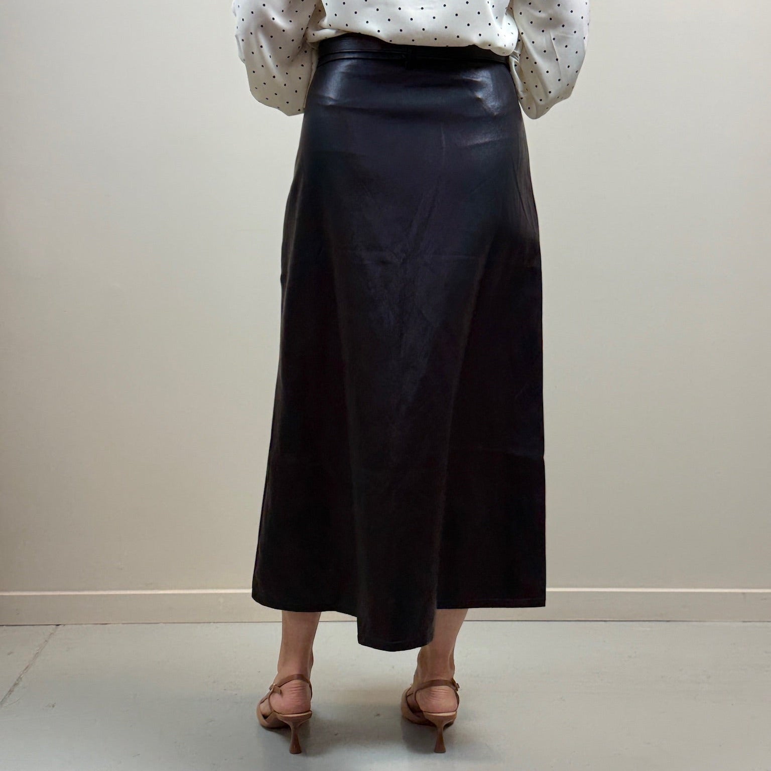 Faux Leather Belted A-Line Midi Skirt