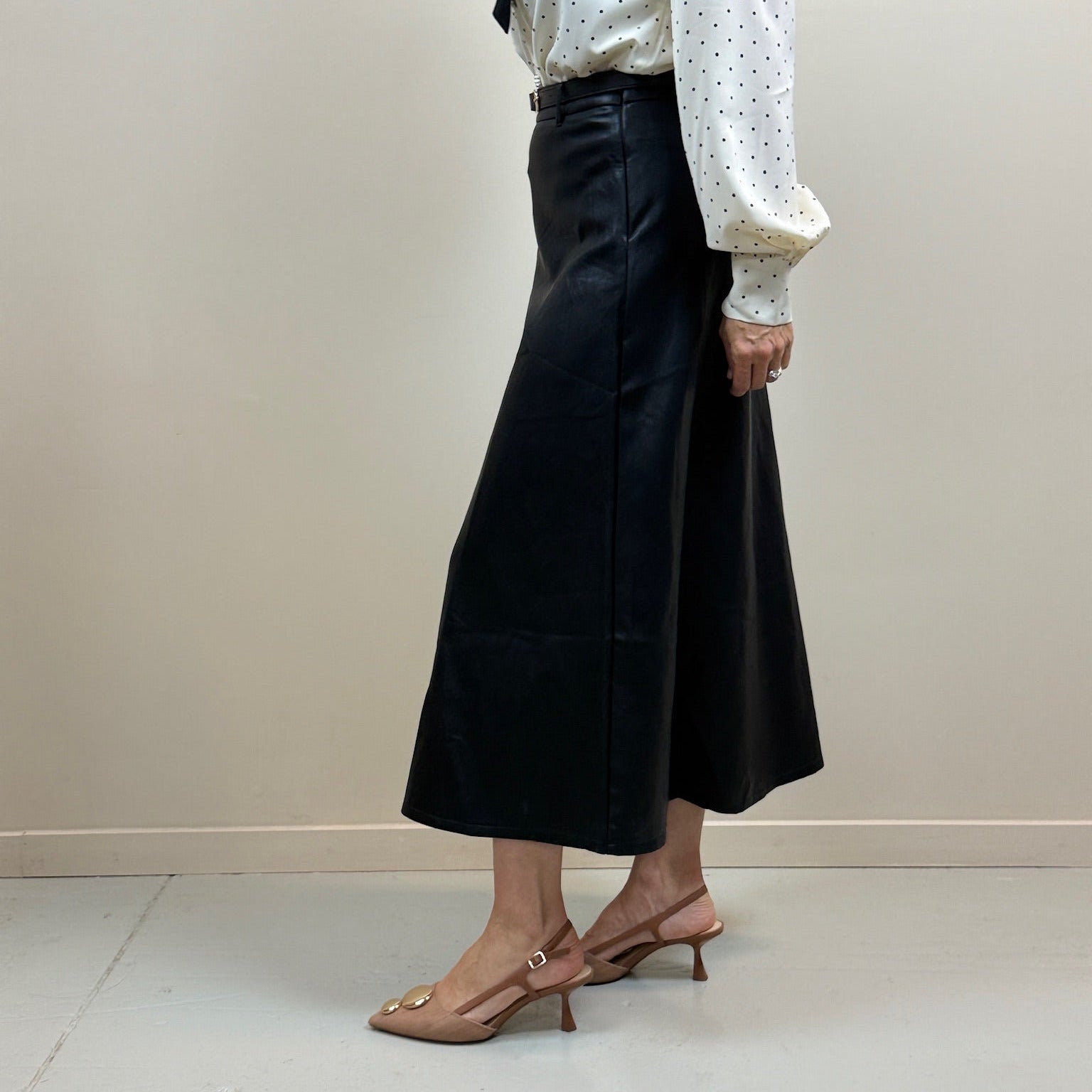Faux Leather Belted A-Line Midi Skirt