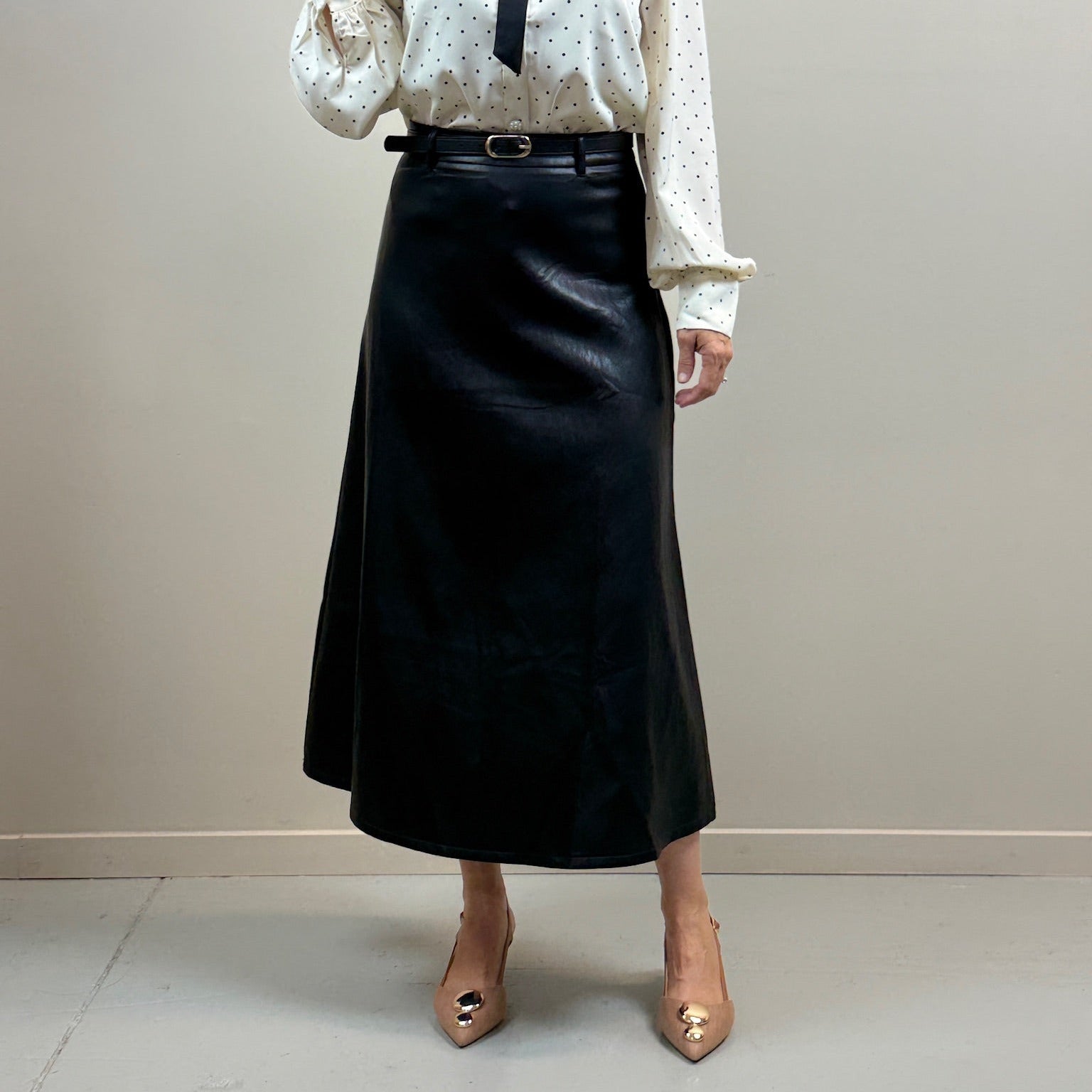 Faux Leather Belted A-Line Midi Skirt
