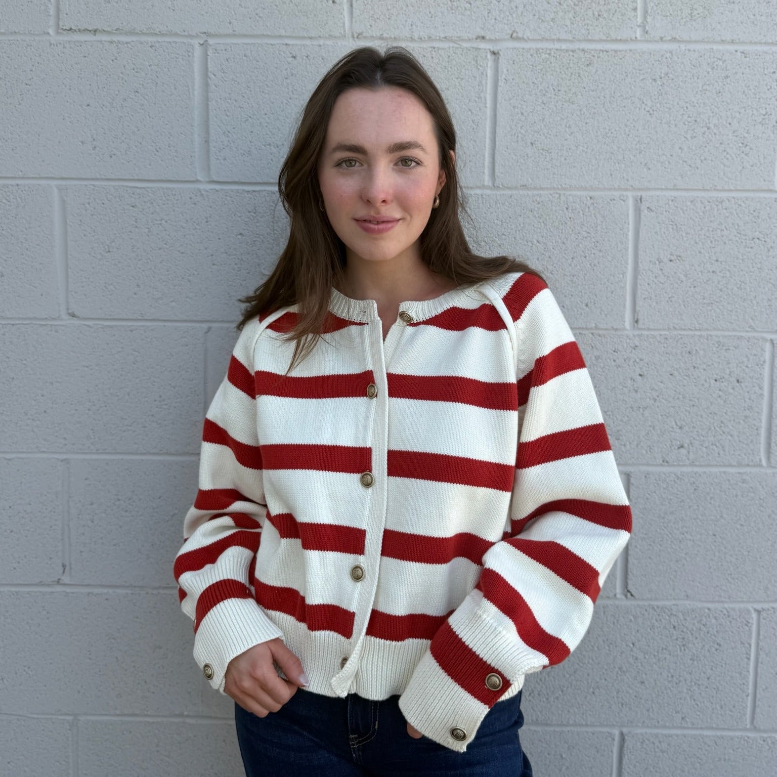 Red & Cream Striped Raglan Cardigan