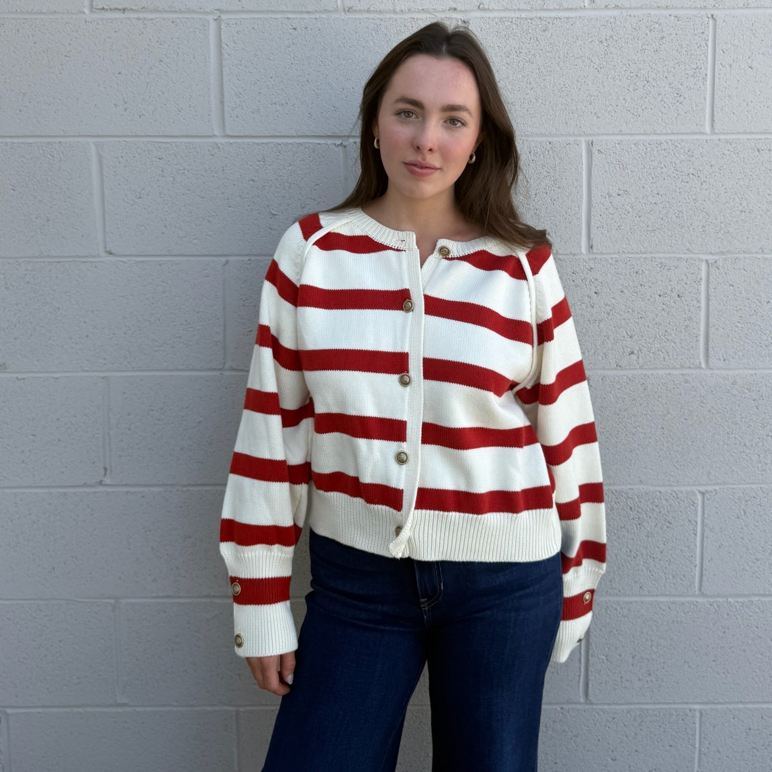Red & Cream Striped Raglan Cardigan