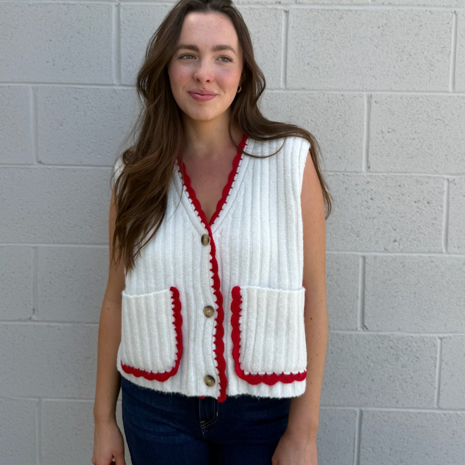 Cream & Red Contrast Sweater Vest