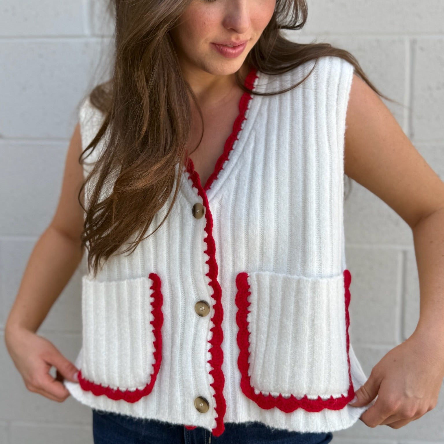 Cream & Red Contrast Sweater Vest