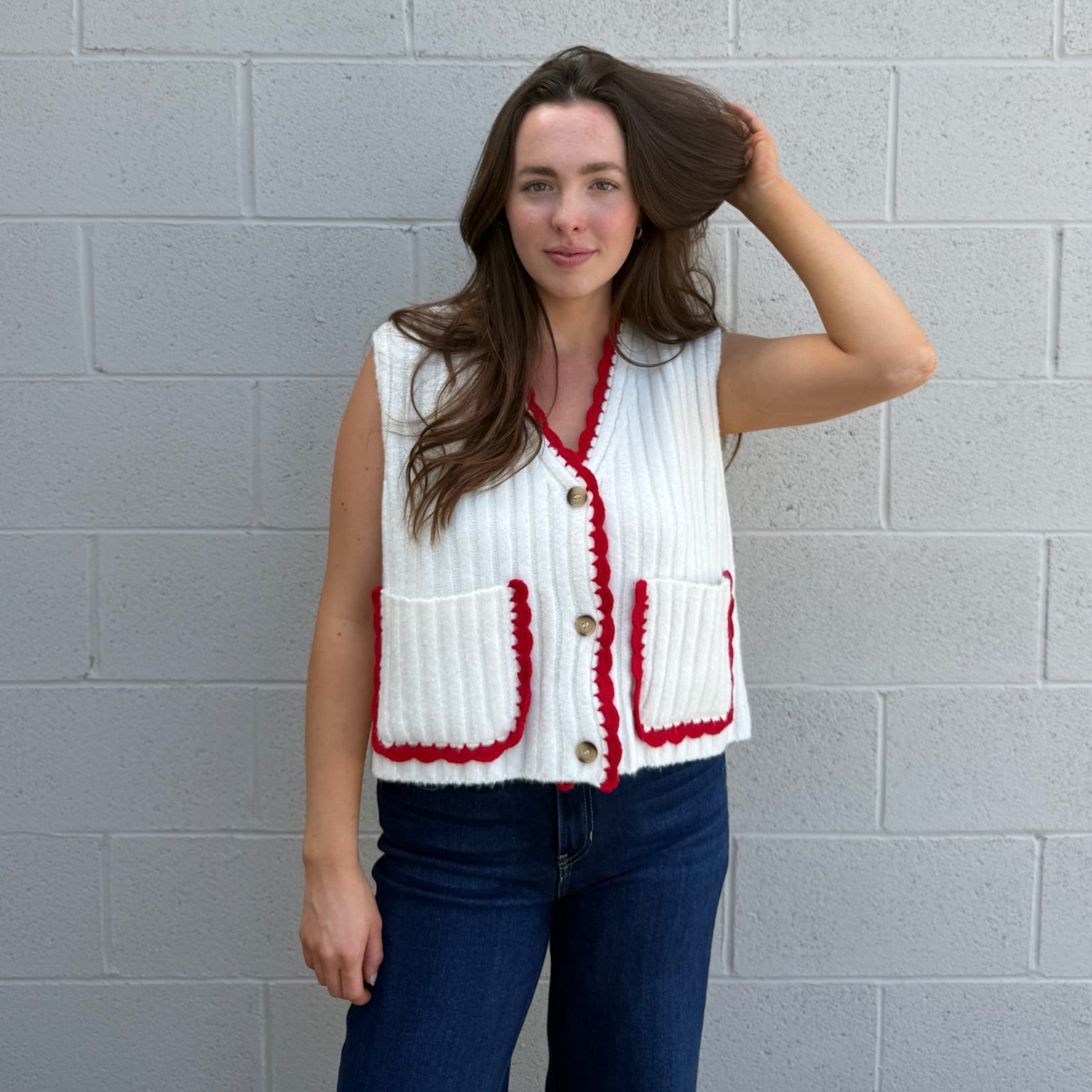 Cream & Red Contrast Sweater Vest