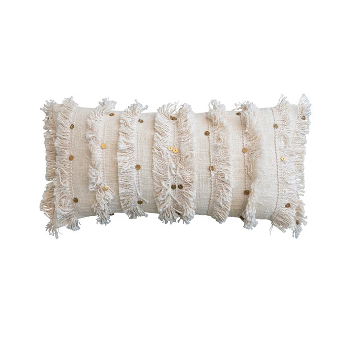 Cream Hand-Embroidered Sequin Lumbar Pillow