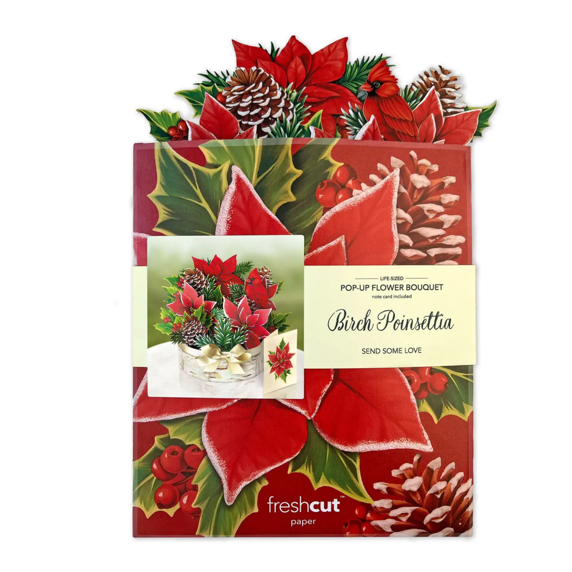 Packaged pop-up flower bouquet with Christmas-themed design on a white background