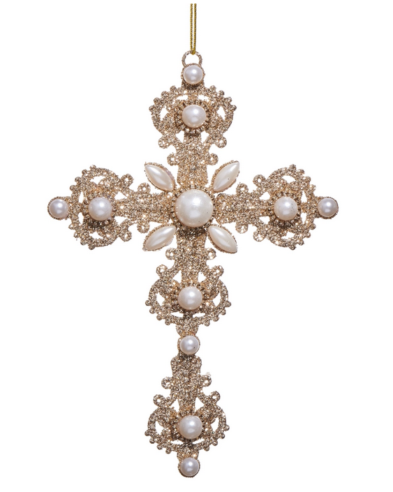 6.5" Glitter and Pearl Cross Ornament