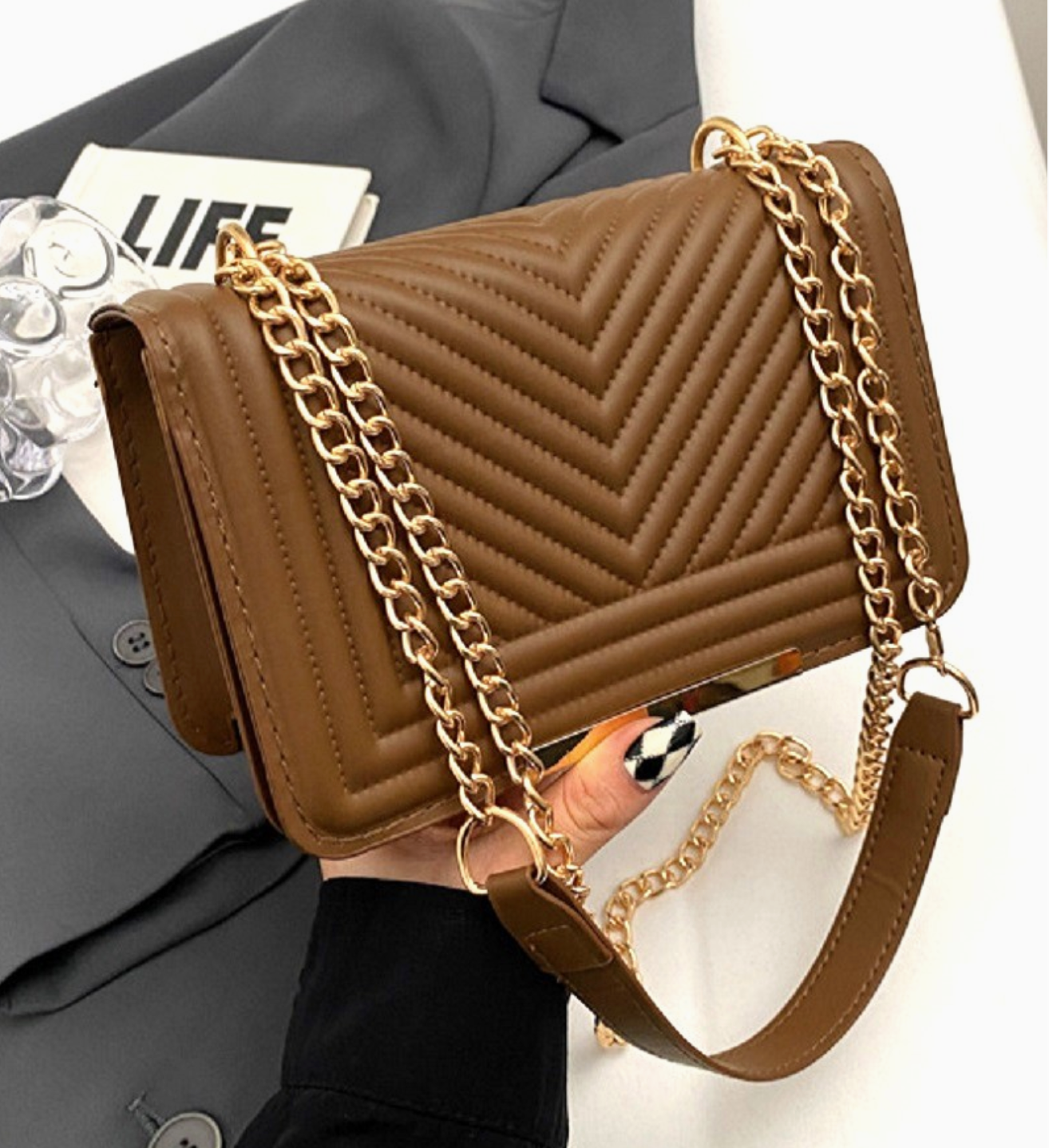 Mocha Chevron Crossbody Bag