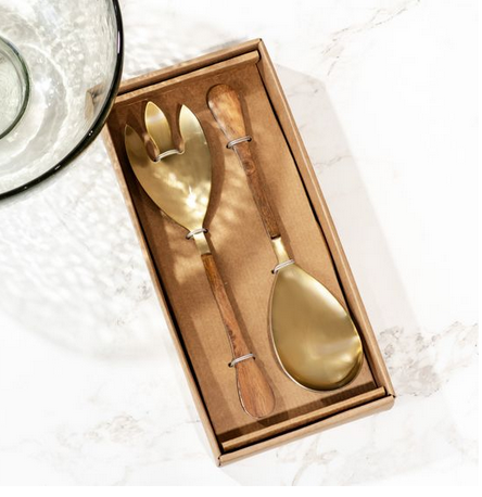 2 Piece Gold & Wood Salad Set