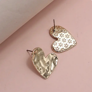 Gold Hammered Heart Studs