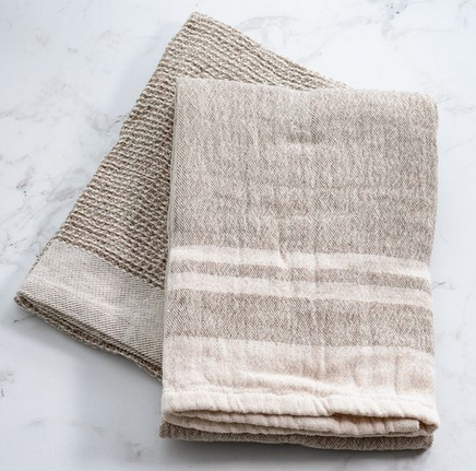 S/2 Double Striped Beige Waffle Towels
